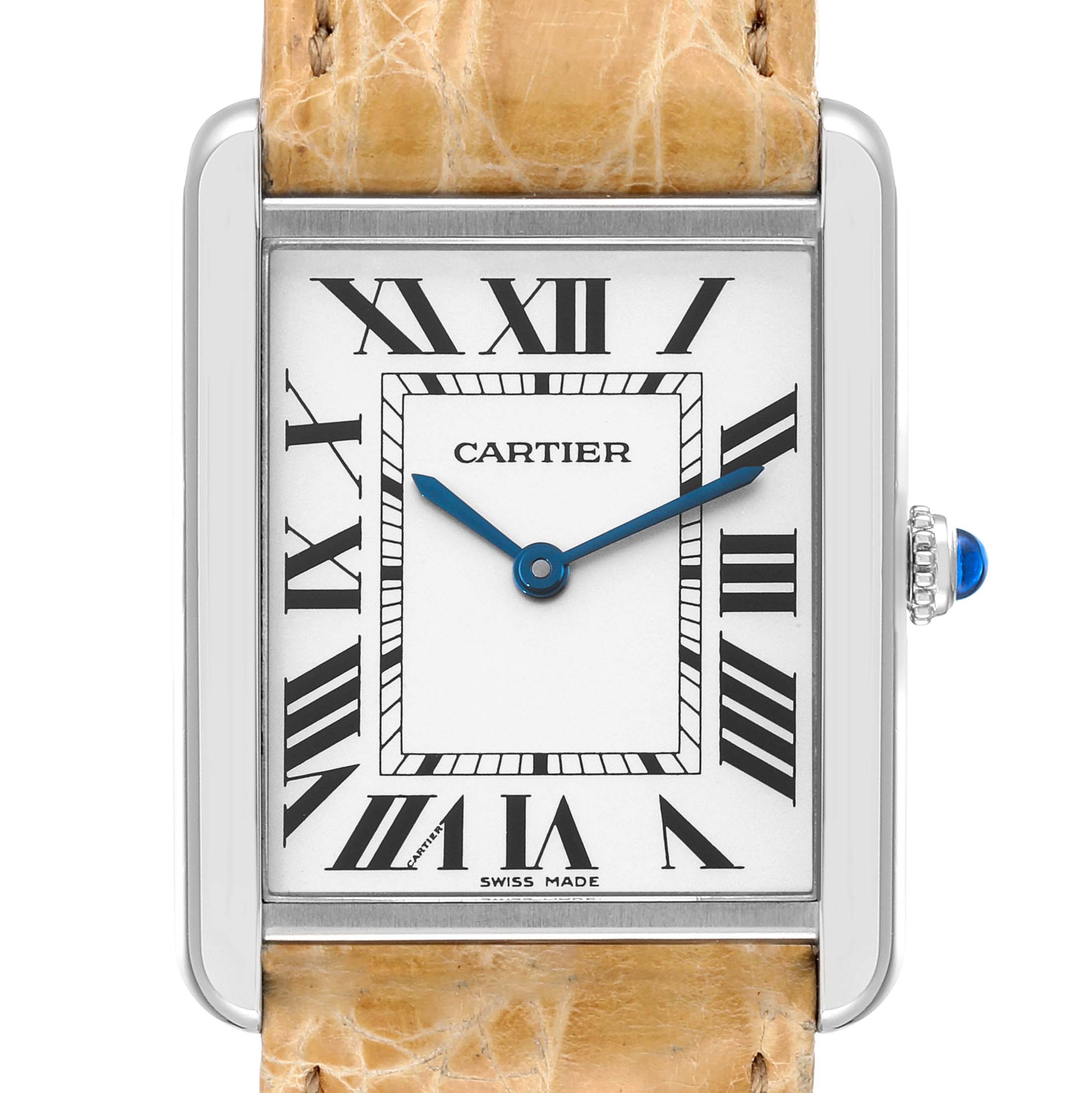 A front view of the Cartier Tank Solo W1018355 Men's Stainless Steel Silver Dial W1018355 Men's Stainless Steel Silver Dial watch shows the face, Roman numerals, blue hands, and beige leather strap.