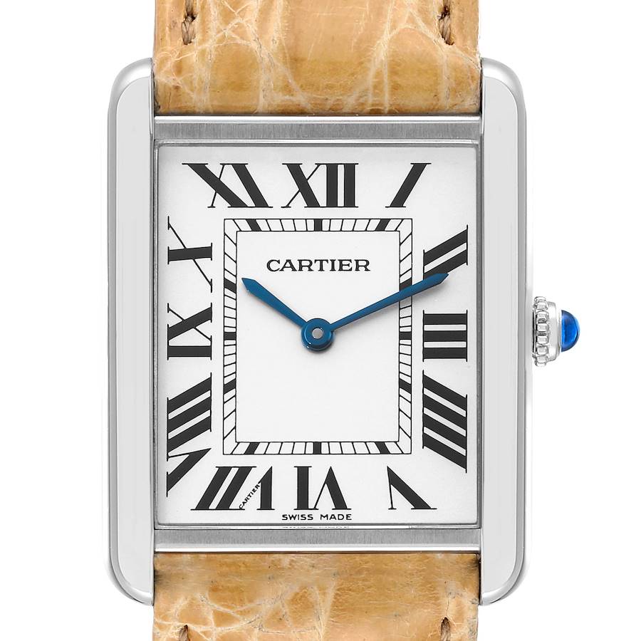 Cartier Tank Solo Steel Silver Dial Brown Strap Unisex Watch W1018355 SwissWatchExpo