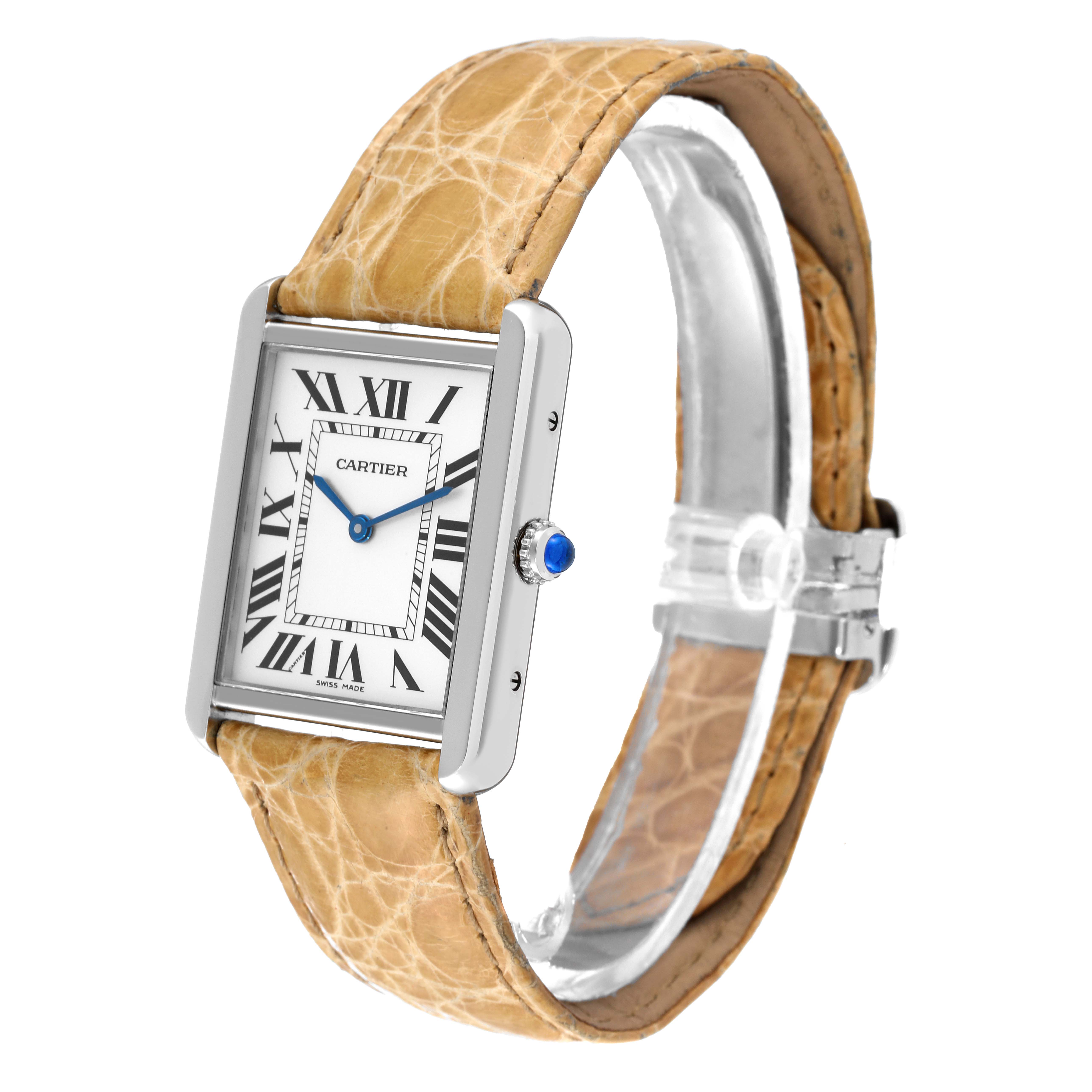 The Cartier Tank Solo W1018355 Men's Stainless Steel Silver Dial W1018355 Men's Stainless Steel Silver Dial watch is shown from a side-angle, featuring its rectangular face, Roman numeral dial, and tan leather strap.
