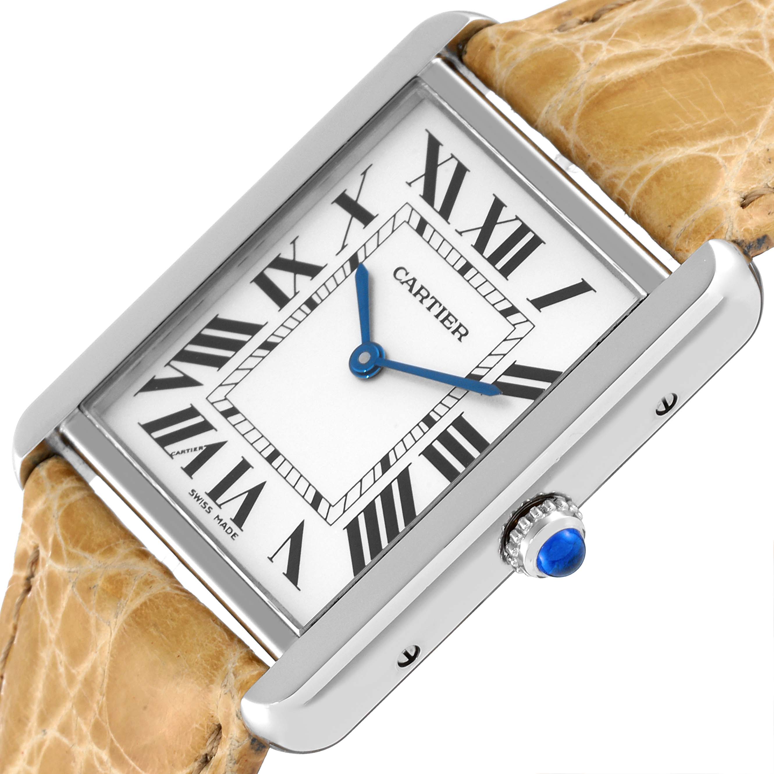 The image shows a close-up of the Cartier Tank Solo W1018355 Men's Stainless Steel Silver Dial W1018355 Men's Stainless Steel Silver Dial watch face, crown, and part of the beige leather strap at a slight angle.