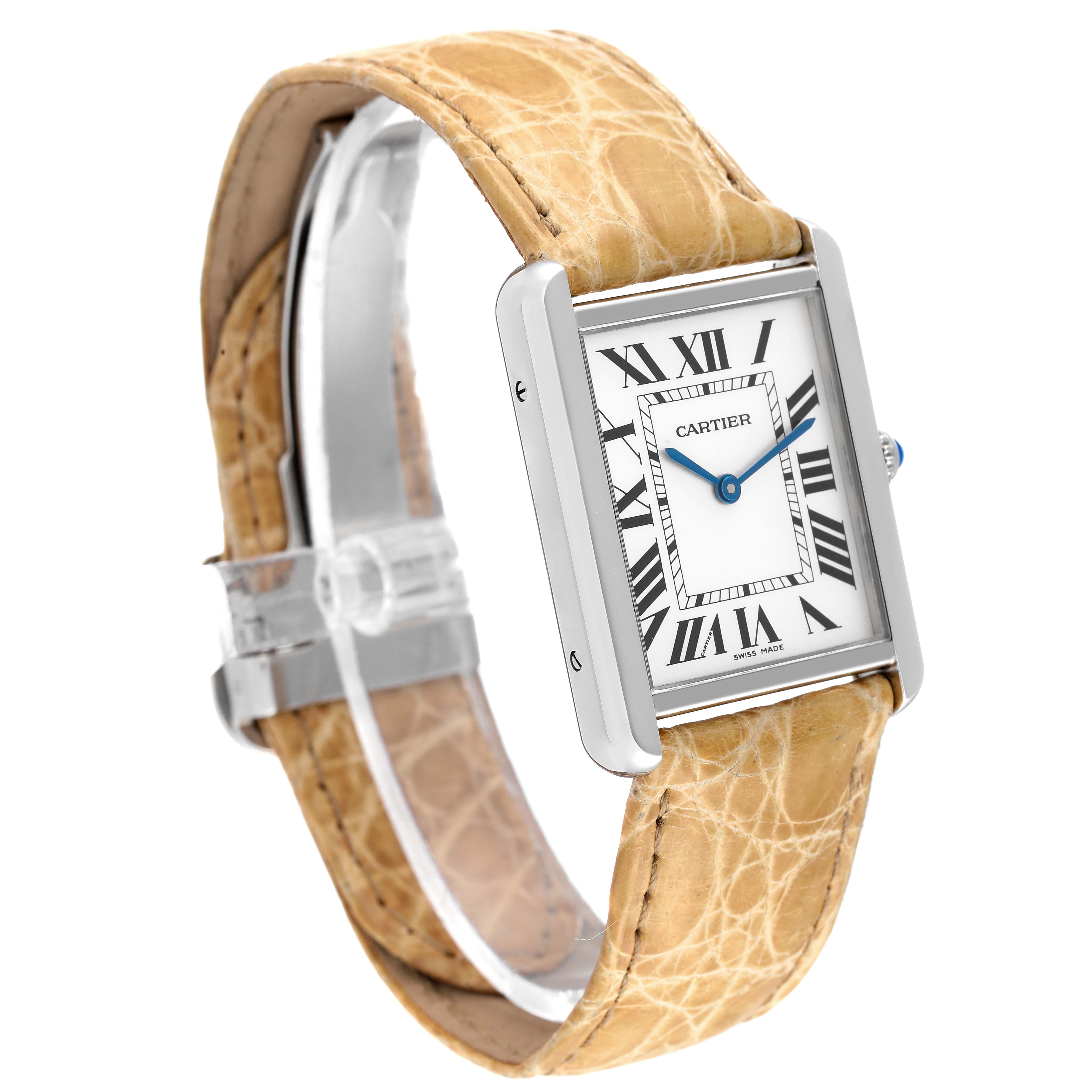 This image shows a Cartier Tank Solo W1018355 Men's Stainless Steel Silver Dial W1018355 Men's Stainless Steel Silver Dial watch with a beige leather strap, featuring a rectangular face and Roman numeral dial.
