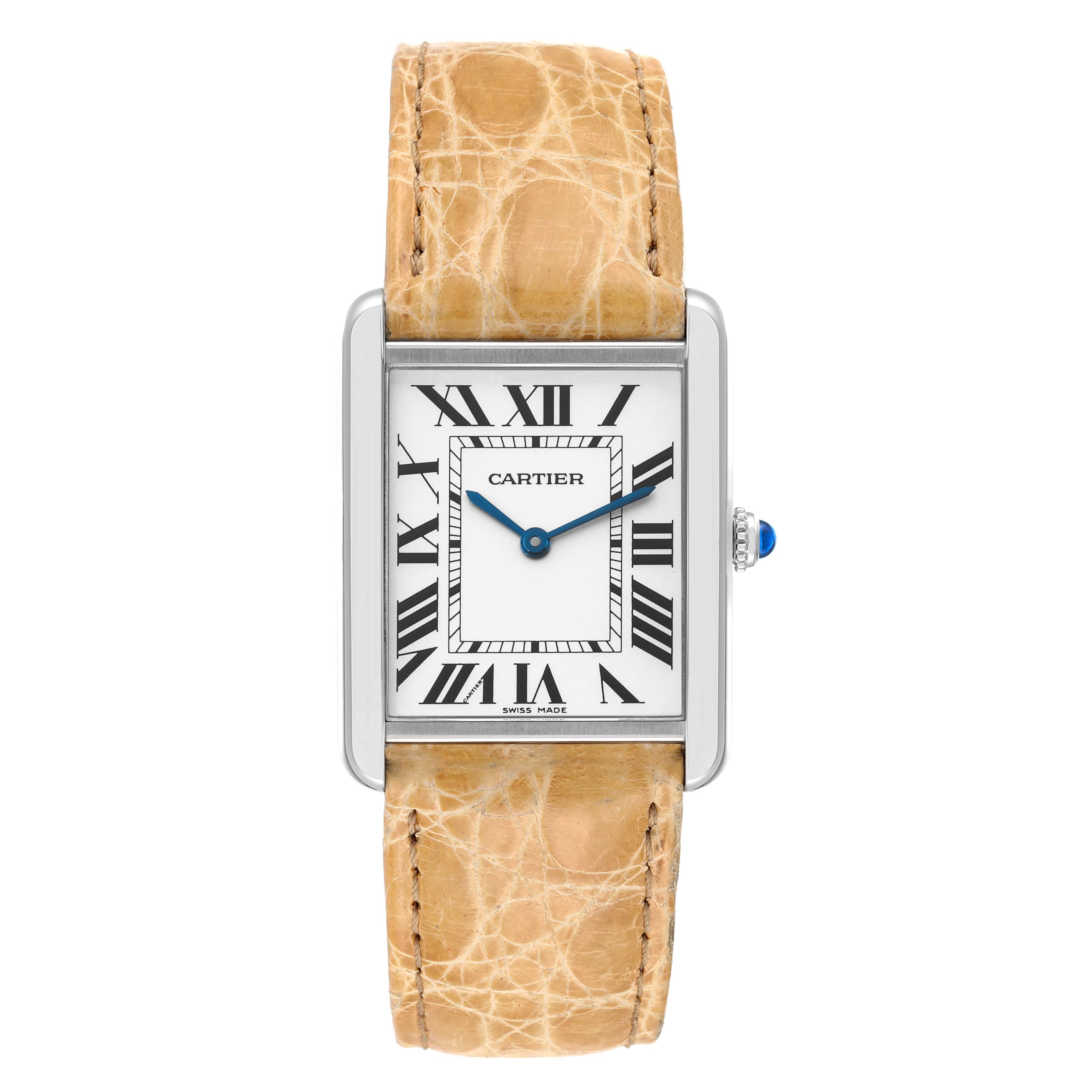 This image shows a front view of the Cartier Tank Solo W1018355 Men's Stainless Steel Silver Dial W1018355 Men's Stainless Steel Silver Dial watch with a beige leather strap and roman numeral dial.