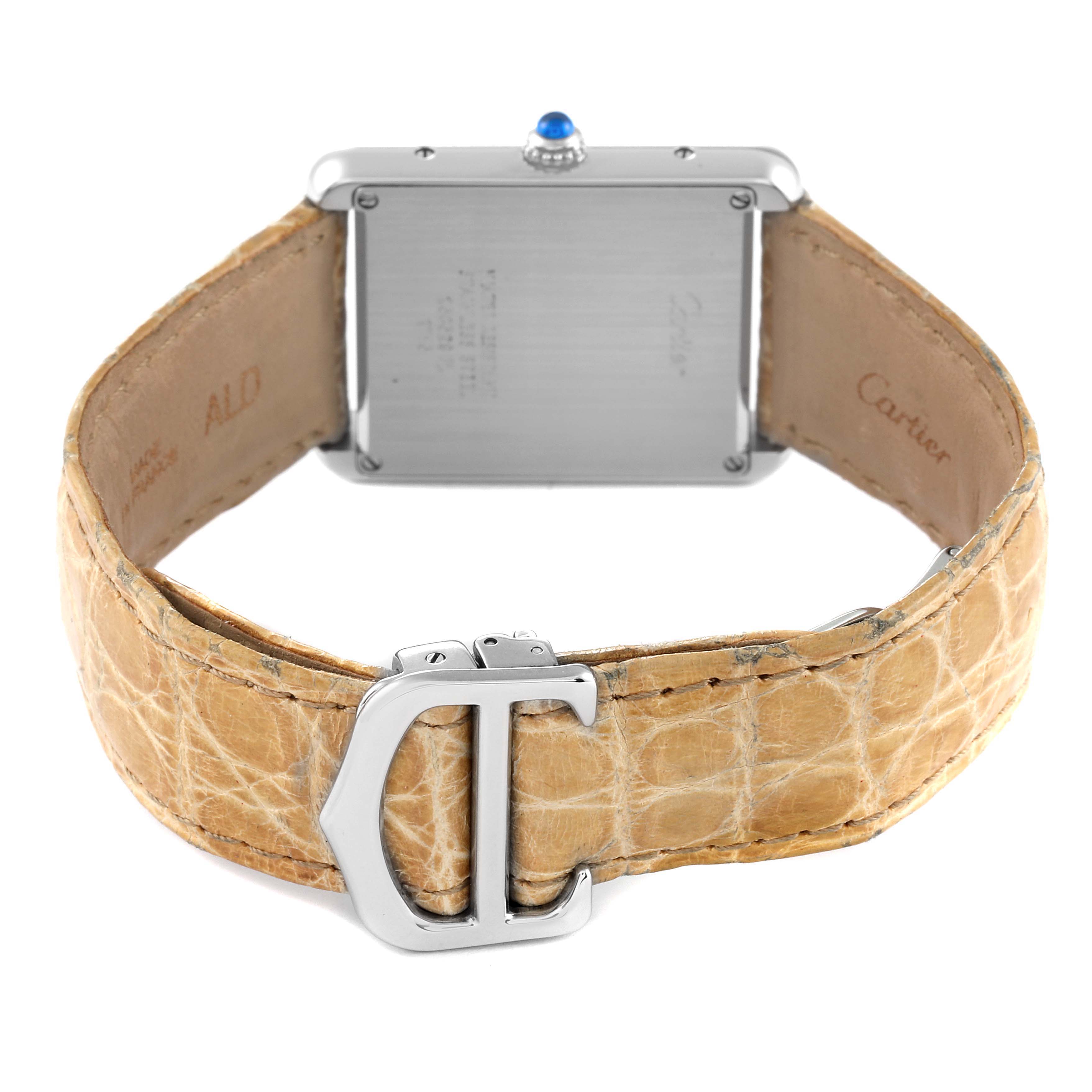 The image shows the back view of a Cartier Tank Solo W1018355 Men's Stainless Steel Silver Dial W1018355 Men's Stainless Steel Silver Dial watch, highlighting the case, strap, and buckle.