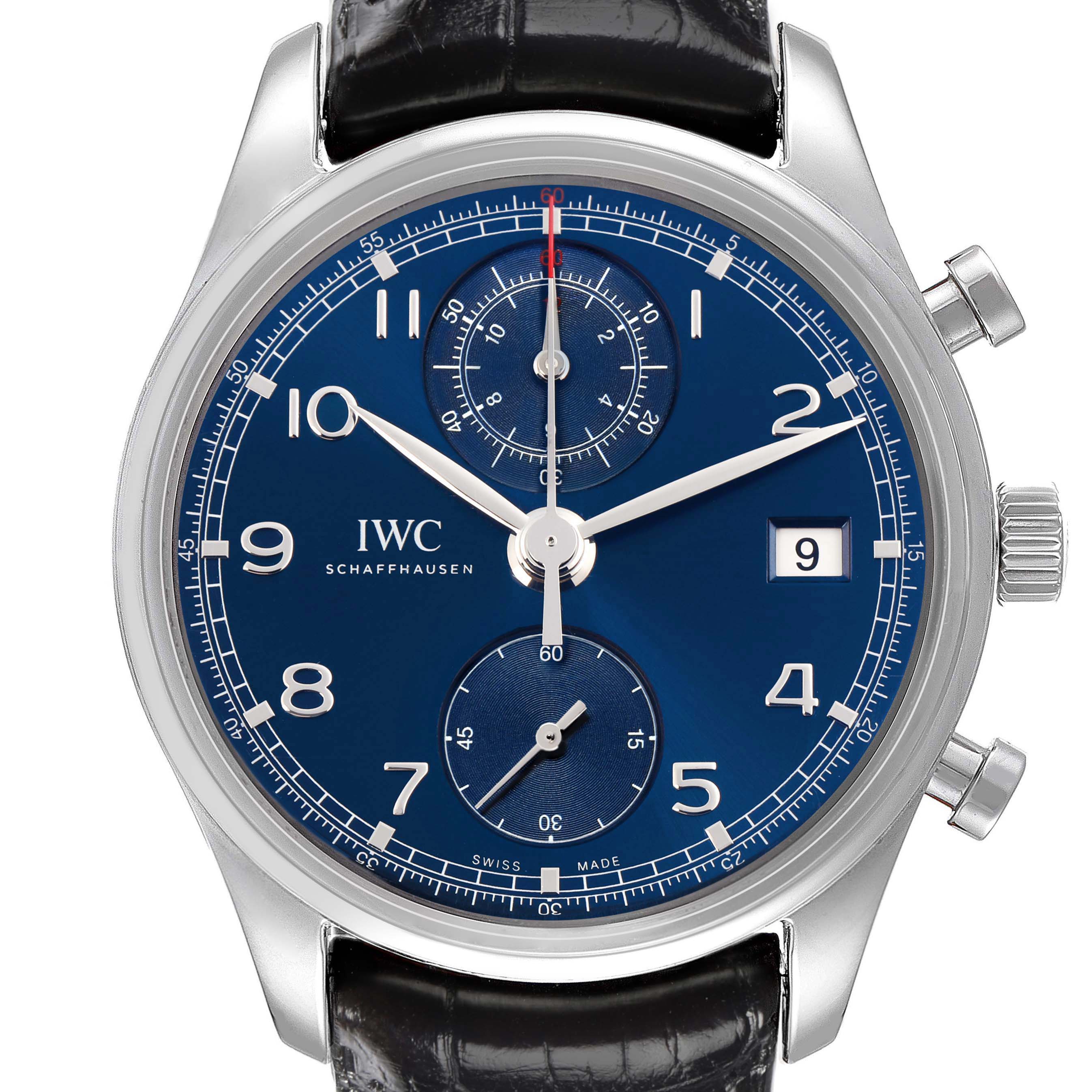 The IWC Portuguese model IW390406 men's watch is shown from a frontal angle, displaying its blue dial, three subdials, and date function.