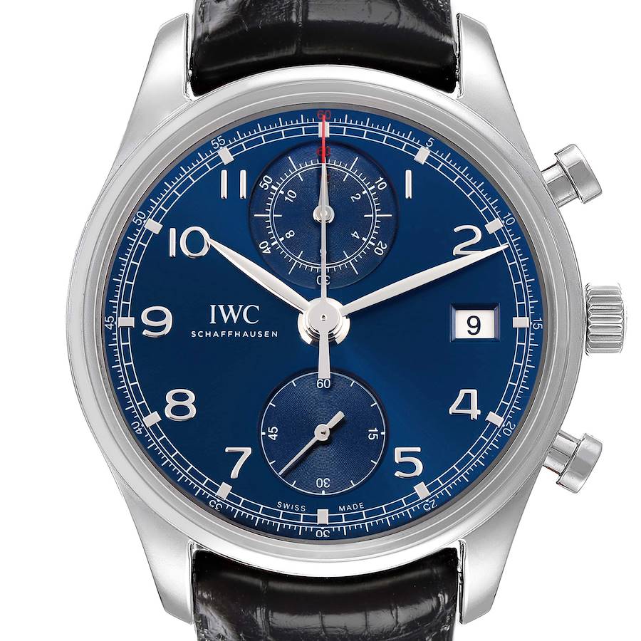 The IWC Portuguese model IW390406 men's watch is shown from a frontal angle, displaying its blue dial, three subdials, and date function.