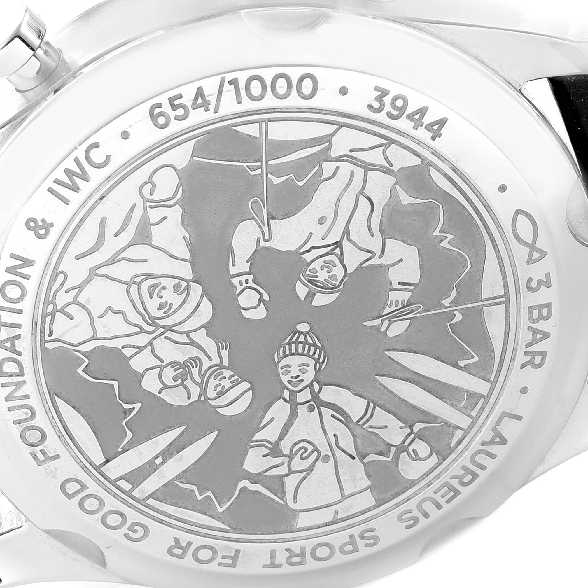 The image shows the back of the IWC Portuguese model IW390406 men's watch, featuring an engraving and inscriptions around the edges.