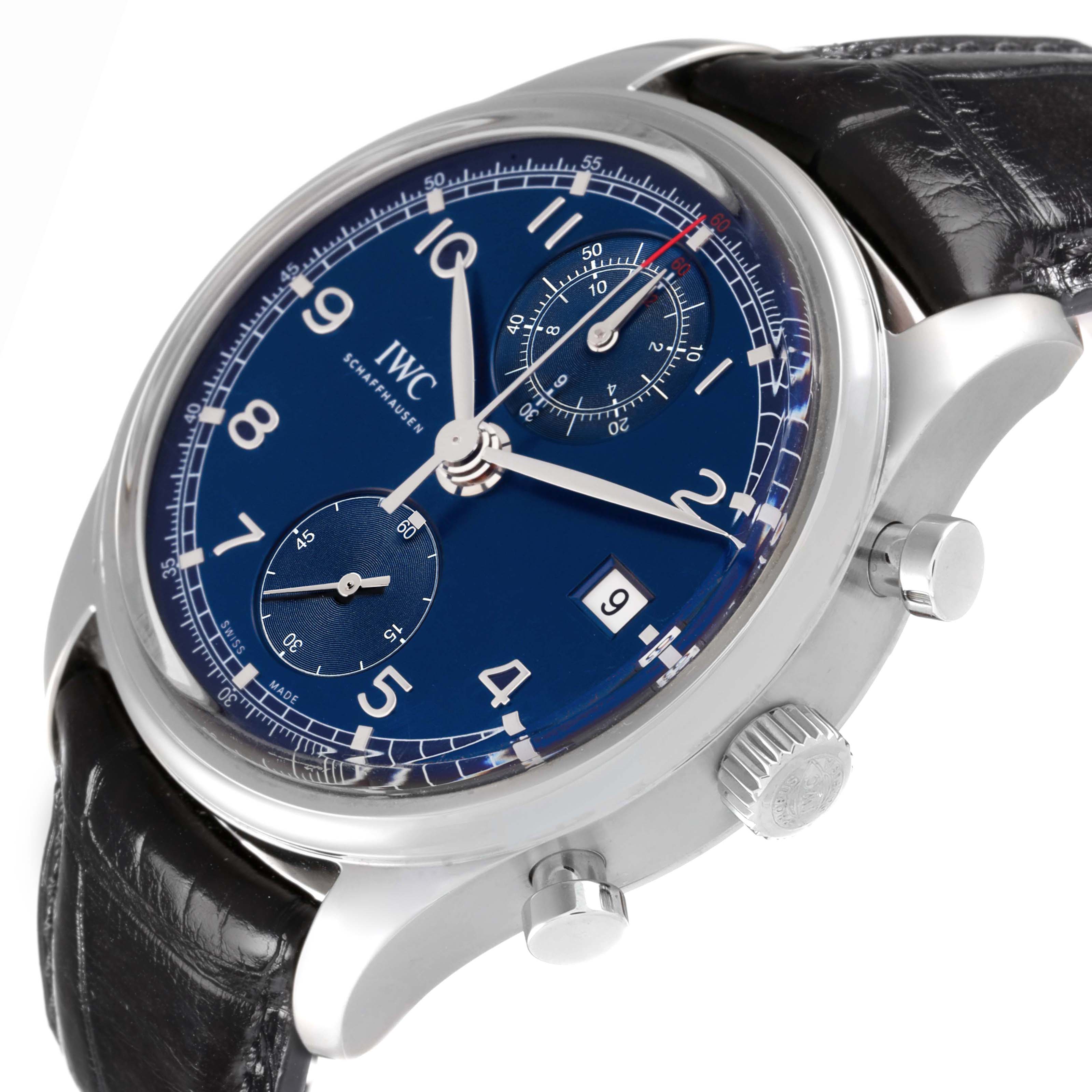 The IWC Portuguese model IW390406 watch is shown at an angle displaying the dial, crown, pushers, and part of the leather strap.