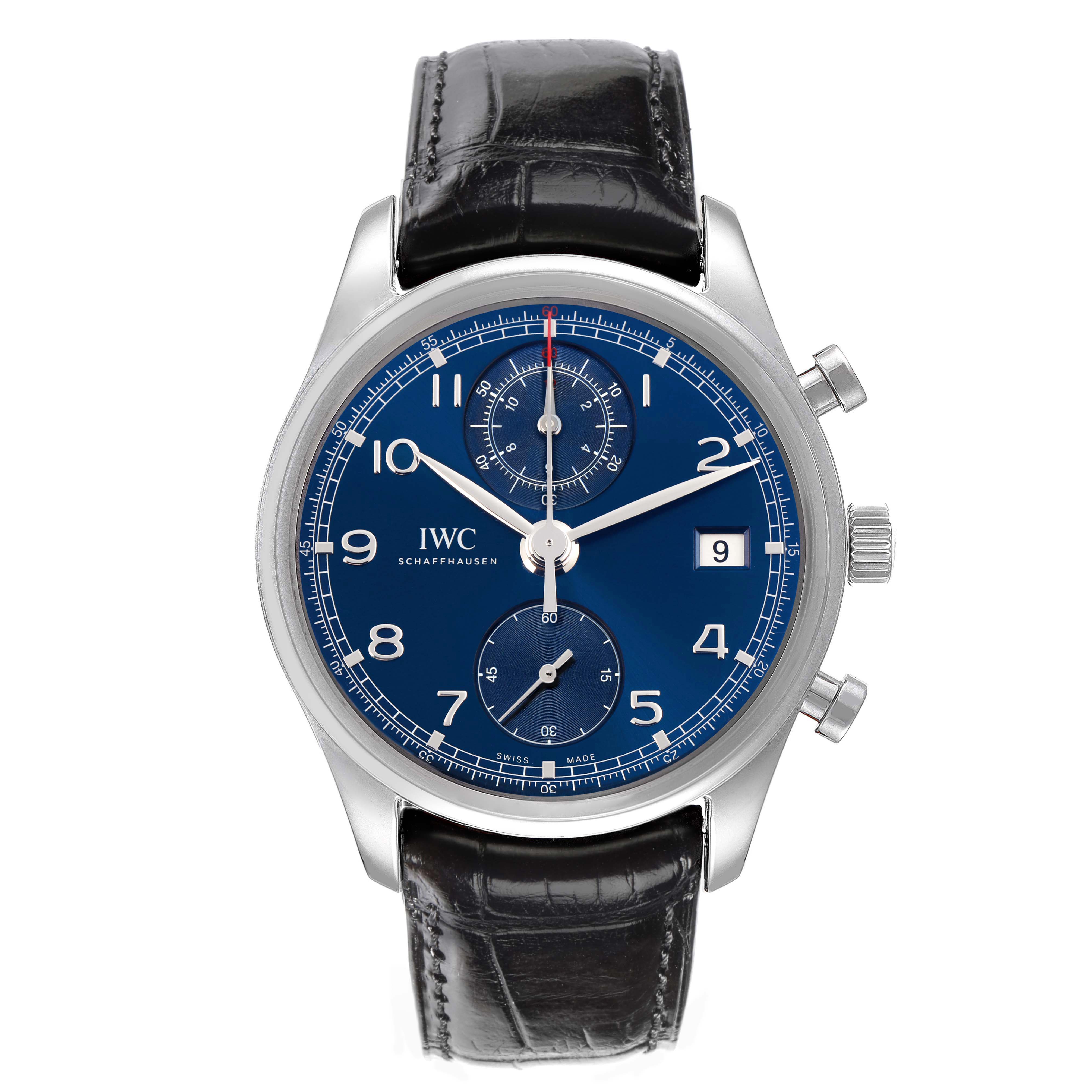 The IWC Portuguese IW390406 men's watch is shown from a front angle, highlighting its blue dial, chronograph subdials, date window, and leather strap.