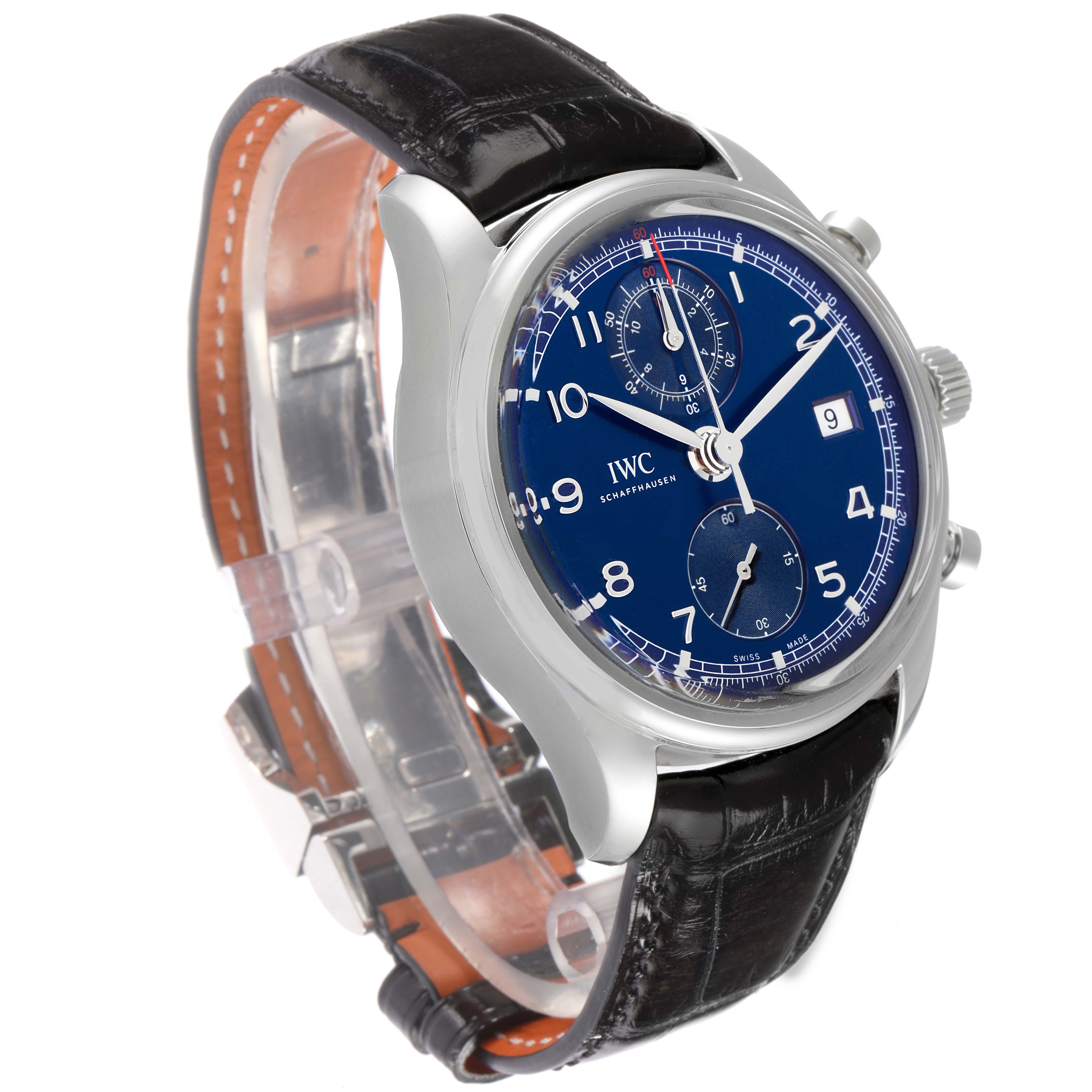 The IWC Portuguese IW390406 men's watch is shown at a three-quarter angle, highlighting the blue dial, chronograph subdials, and black leather strap.
