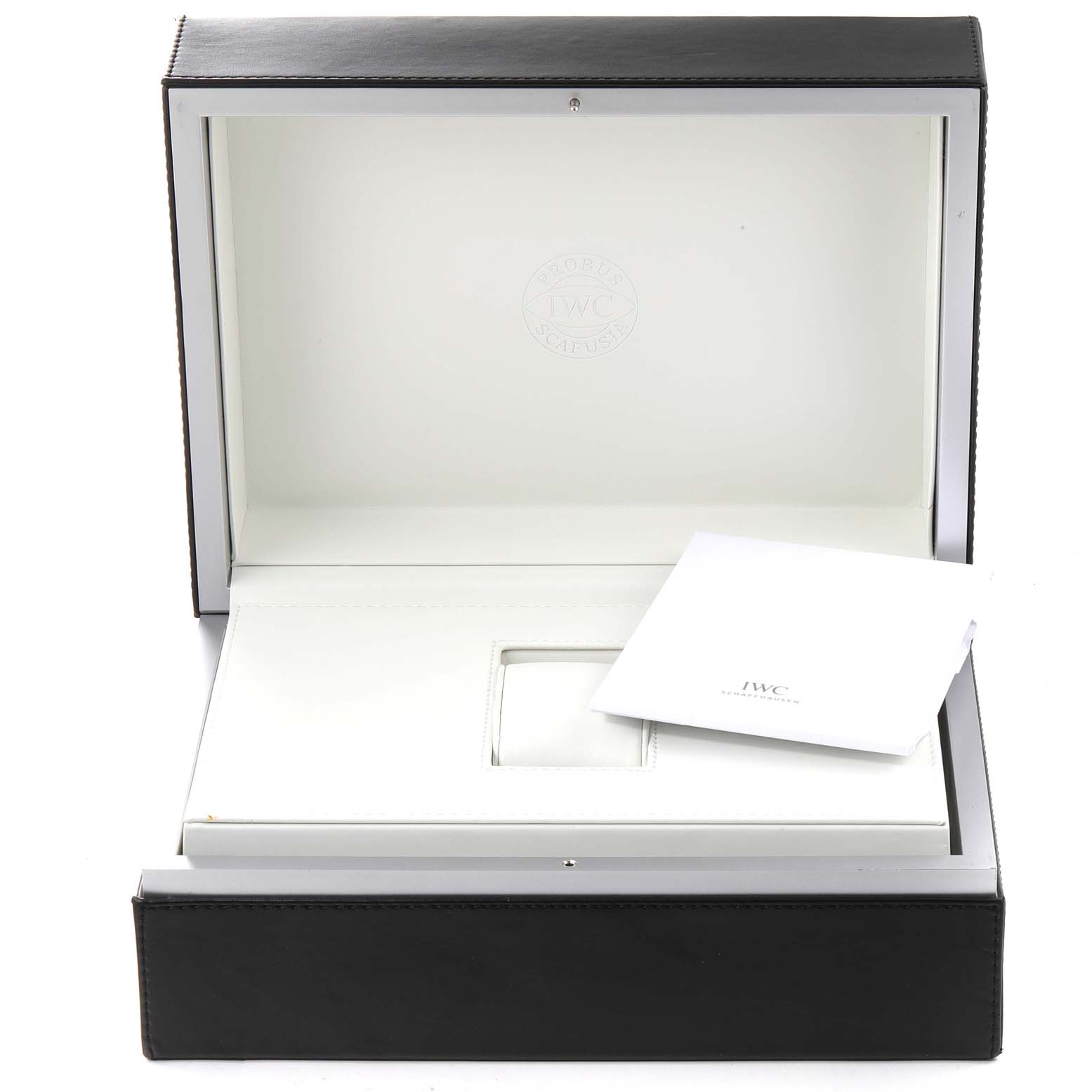 The image shows the open box and manual for an IWC Portuguese Men's watch, model number IW390406, viewed from a front angle.