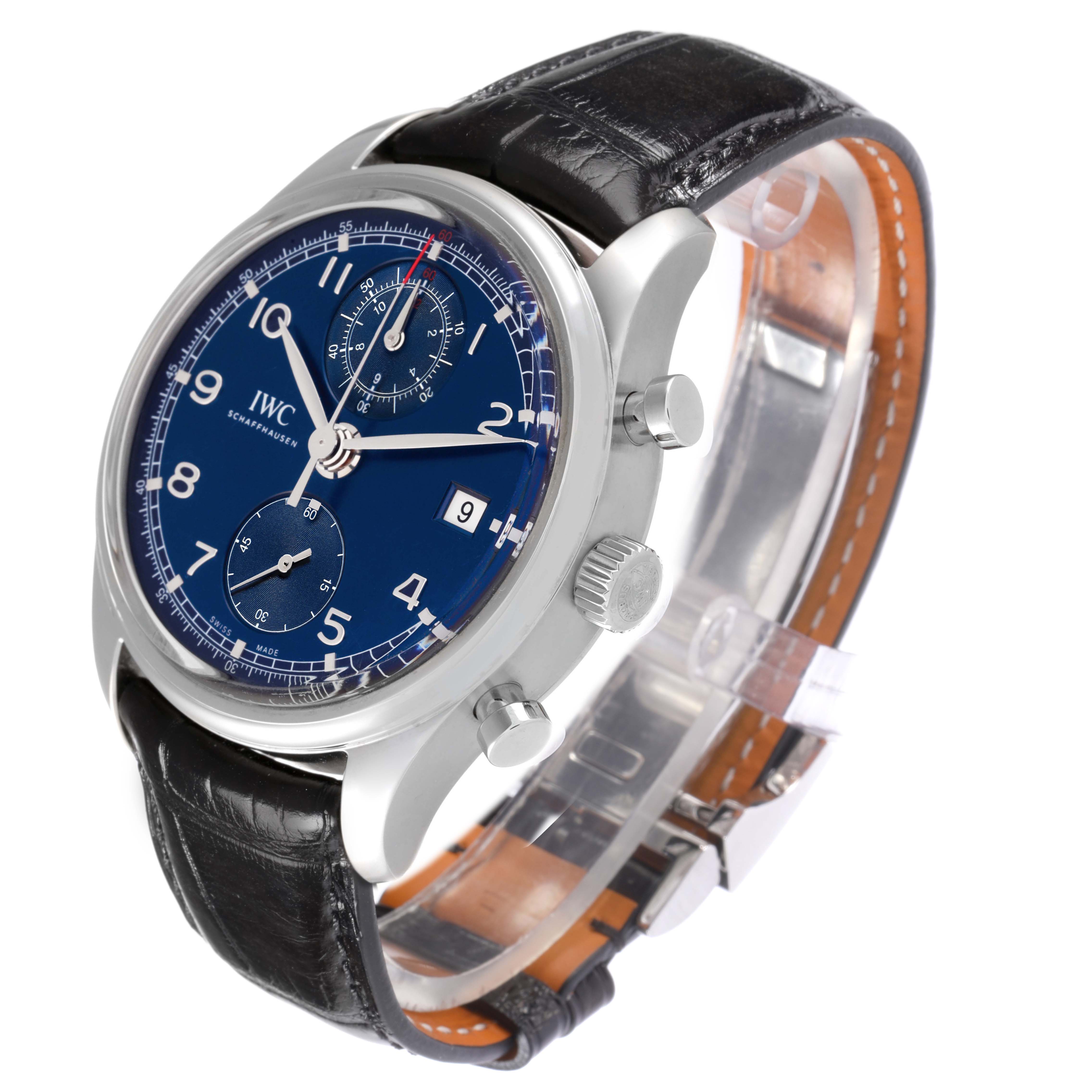 The IWC Portuguese IW390406 men's watch is shown at a slight angle, highlighting the blue dial, subdials, date window, and black leather strap.