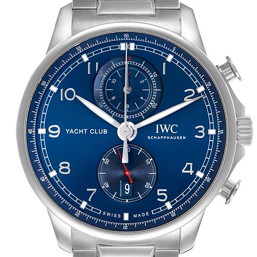 The IWC Portuguese IW390701 Men's Stainless Steel Blue Dial Yacht Club watch is shown from a front angle, highlighting its blue dial, chronograph subdials, and stainless steel bracelet.