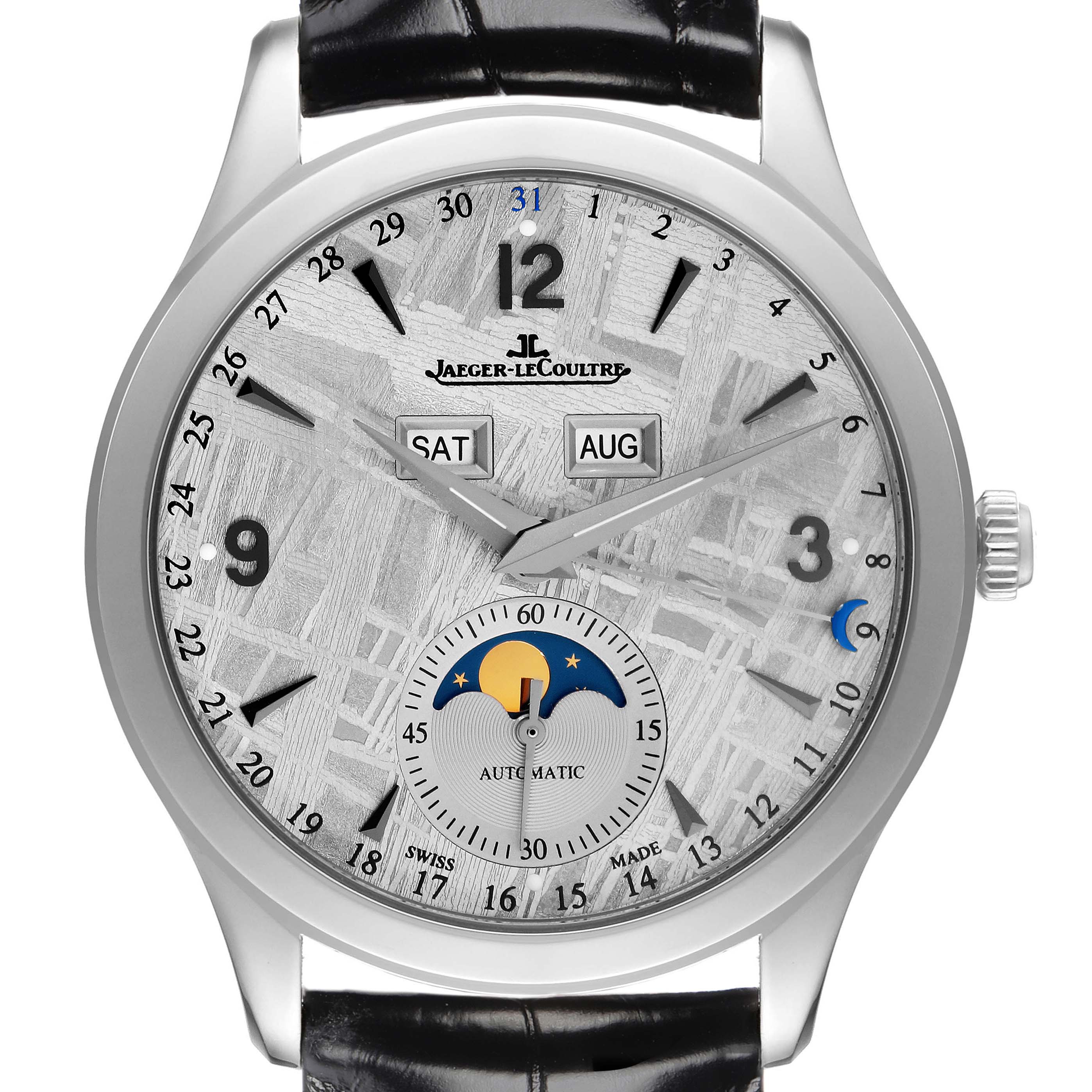 The Jaeger LeCoultre Master model Q1558421 is shown from a front angle, highlighting the dial with day, month, and moon phase indicators.