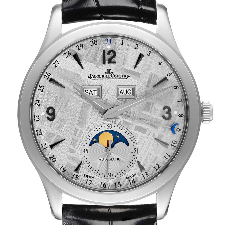 The Jaeger LeCoultre Master model Q1558421 is shown from a front angle, highlighting the dial with day, month, and moon phase indicators.