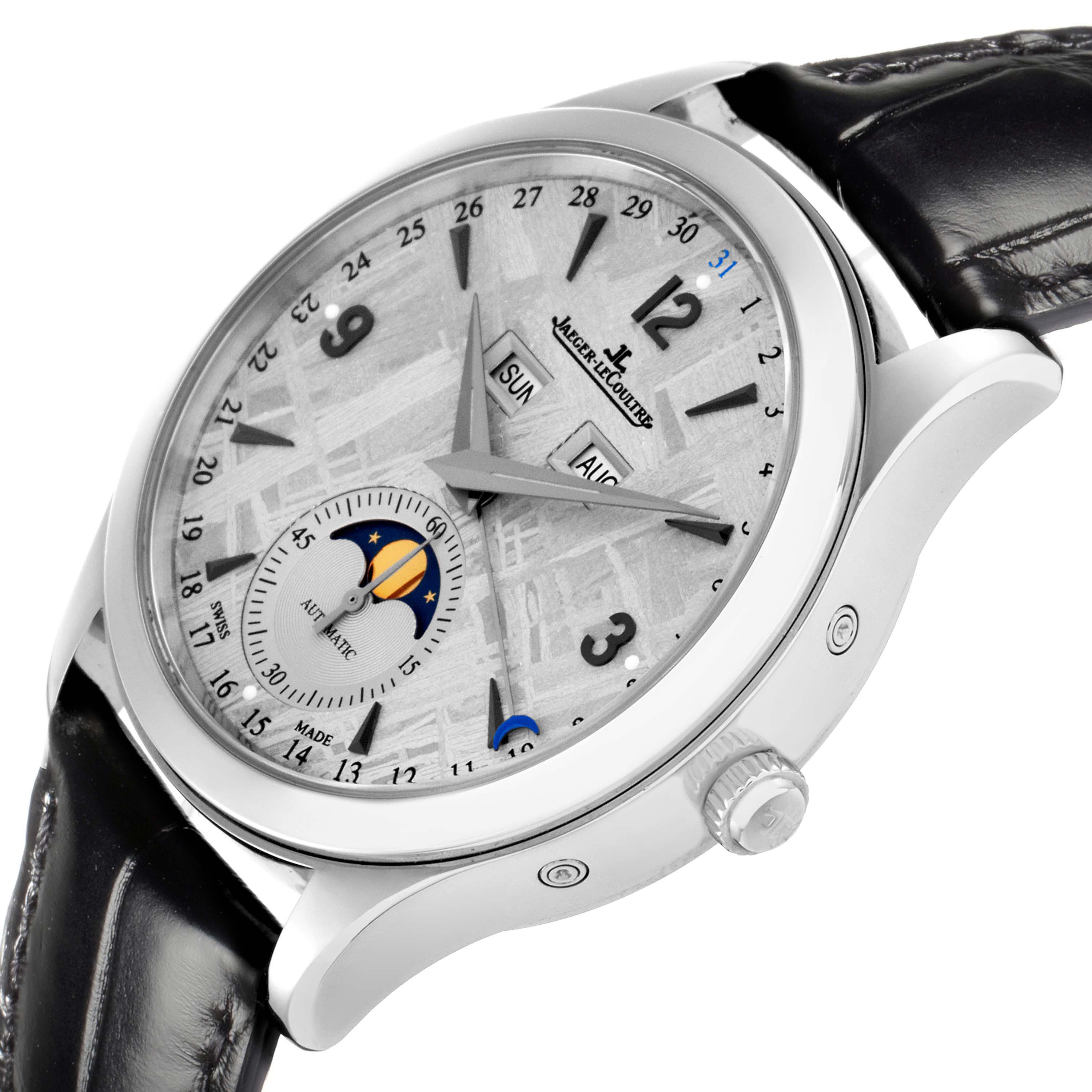 The Jaeger LeCoultre Master model Q1558421 is shown from a side angle, highlighting the dial, crown, and leather strap.