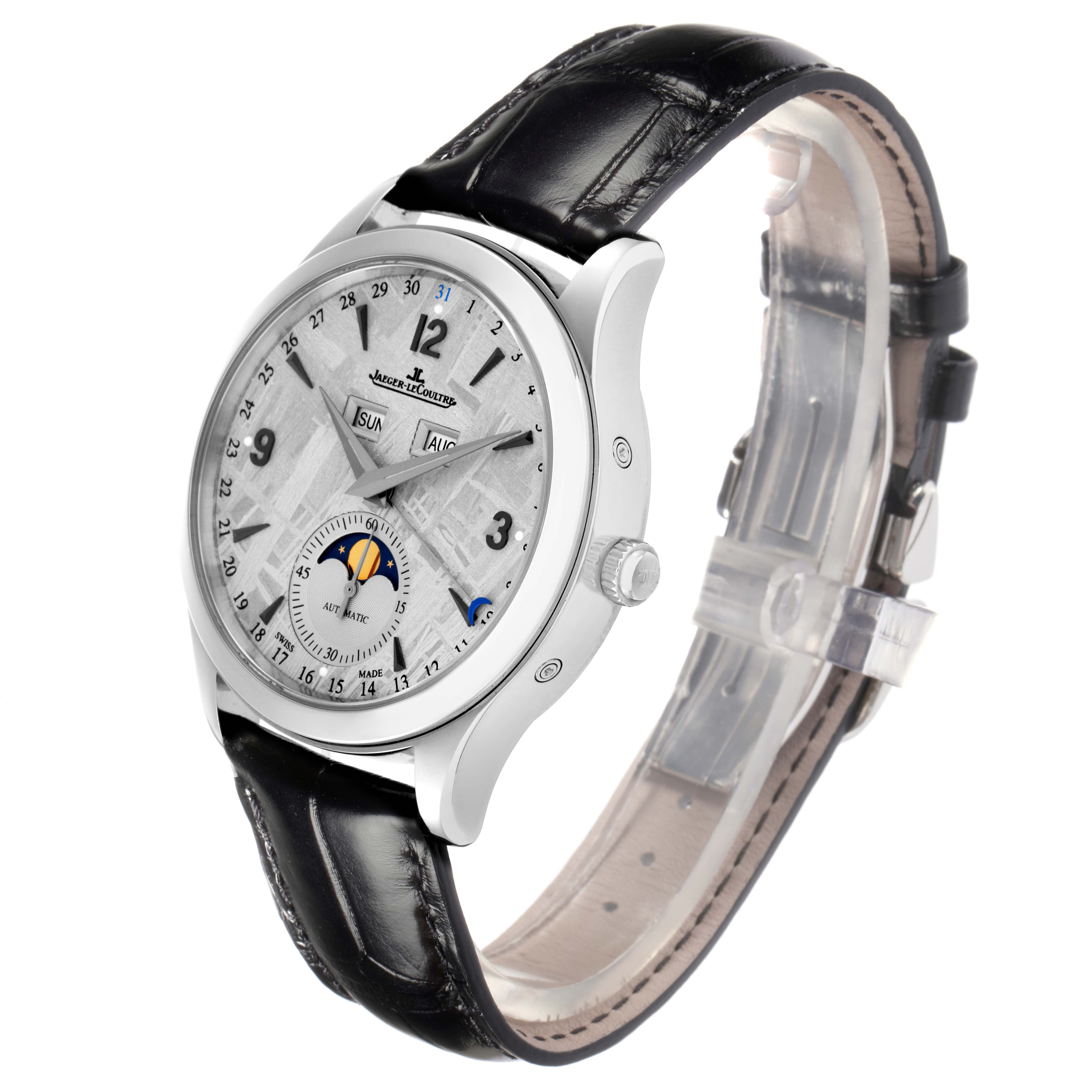 The Jaeger LeCoultre Master model Q1558421 men's watch is shown at a three-quarter angle, displaying its dial, case, crown, and leather strap.