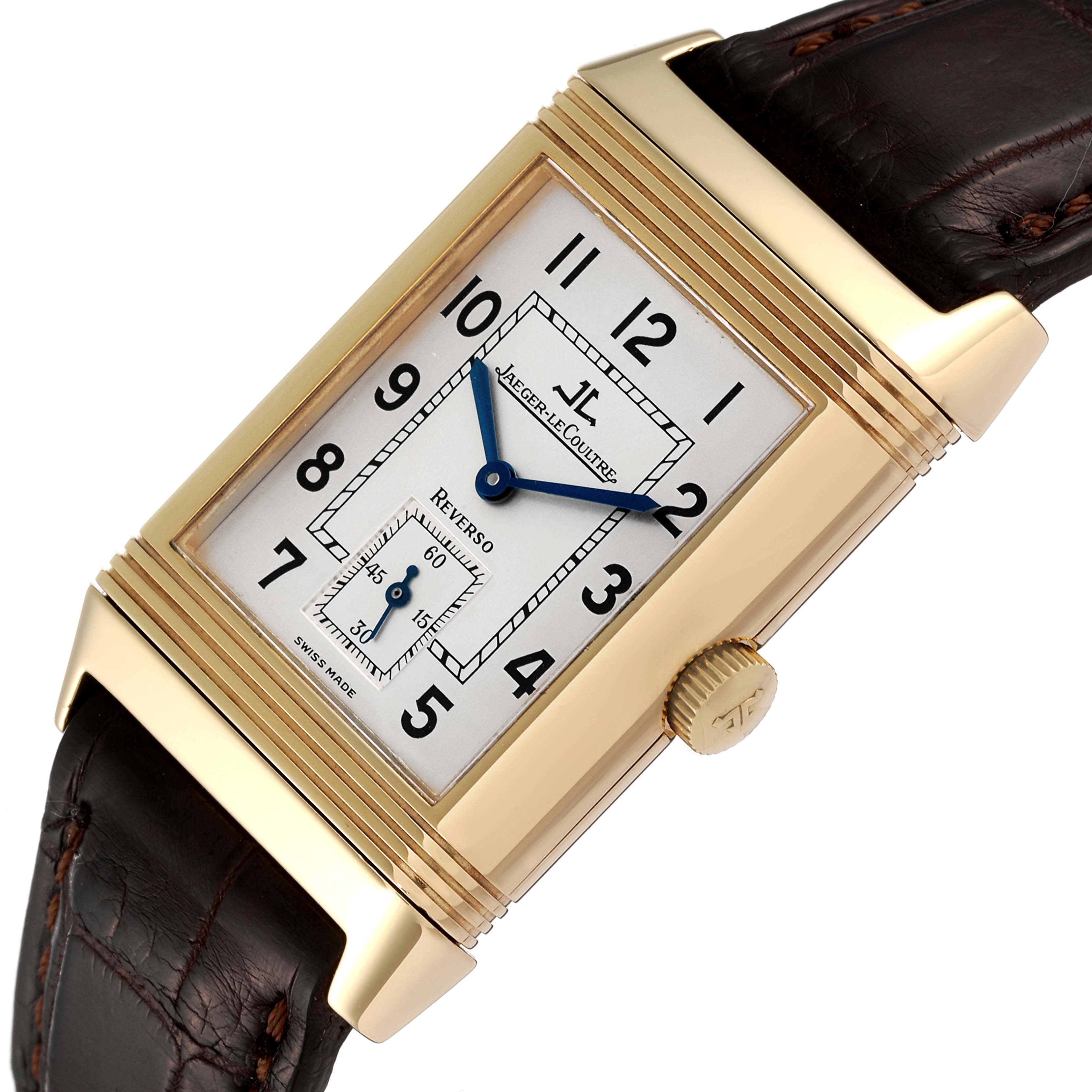 This is a top-angle view of the Jaeger-LeCoultre Reverso watch, showing its rectangular face, crown, and leather strap.