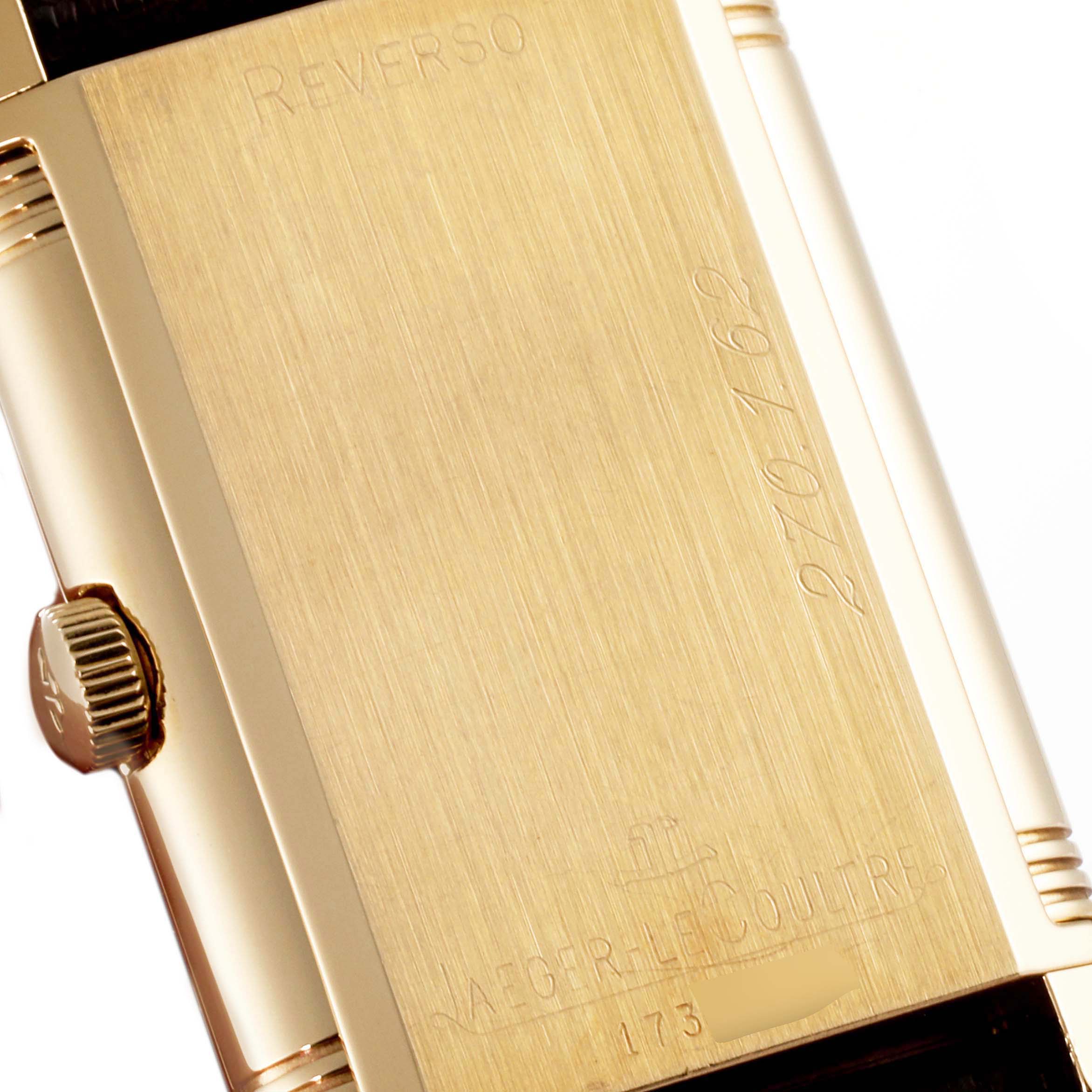 This is a close-up angle showing the back case and crown of the Jaeger LeCoultre Reverso 270.1.62 Men's Yellow Gold Silver Dial 270.1.62 Men's Yellow Gold Silver Dial watch.