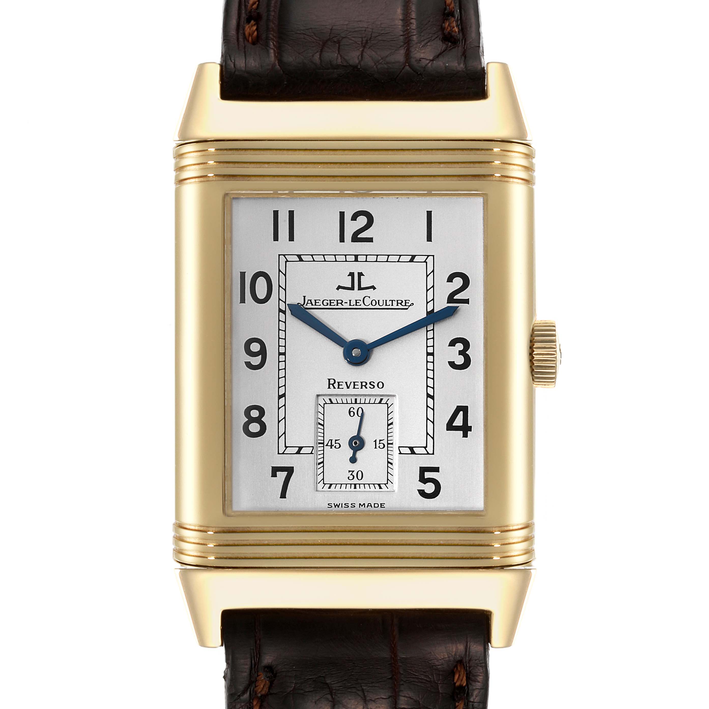 The image shows a close-up, front view of a Jaeger LeCoultre Reverso 270.1.62 Men's Yellow Gold Silver Dial 270.1.62 Men's Yellow Gold Silver Dial watch with a rectangular dial and leather strap.