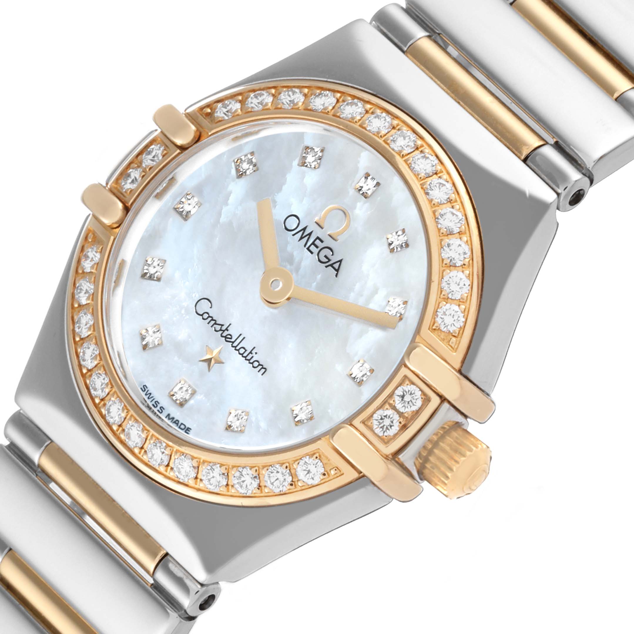 The Omega 1365.75.00 Women
s Steel and Gold (two tone) Mother of Pearl Dial 1365.75.00 Women
s Steel and Gold (two tone) Mother of Pearl Dial Constellation MOP Dial Diamond Ladies Watch 1365.75.00 is shown from a top view, highlighting the dial, bezel, and bracelet.