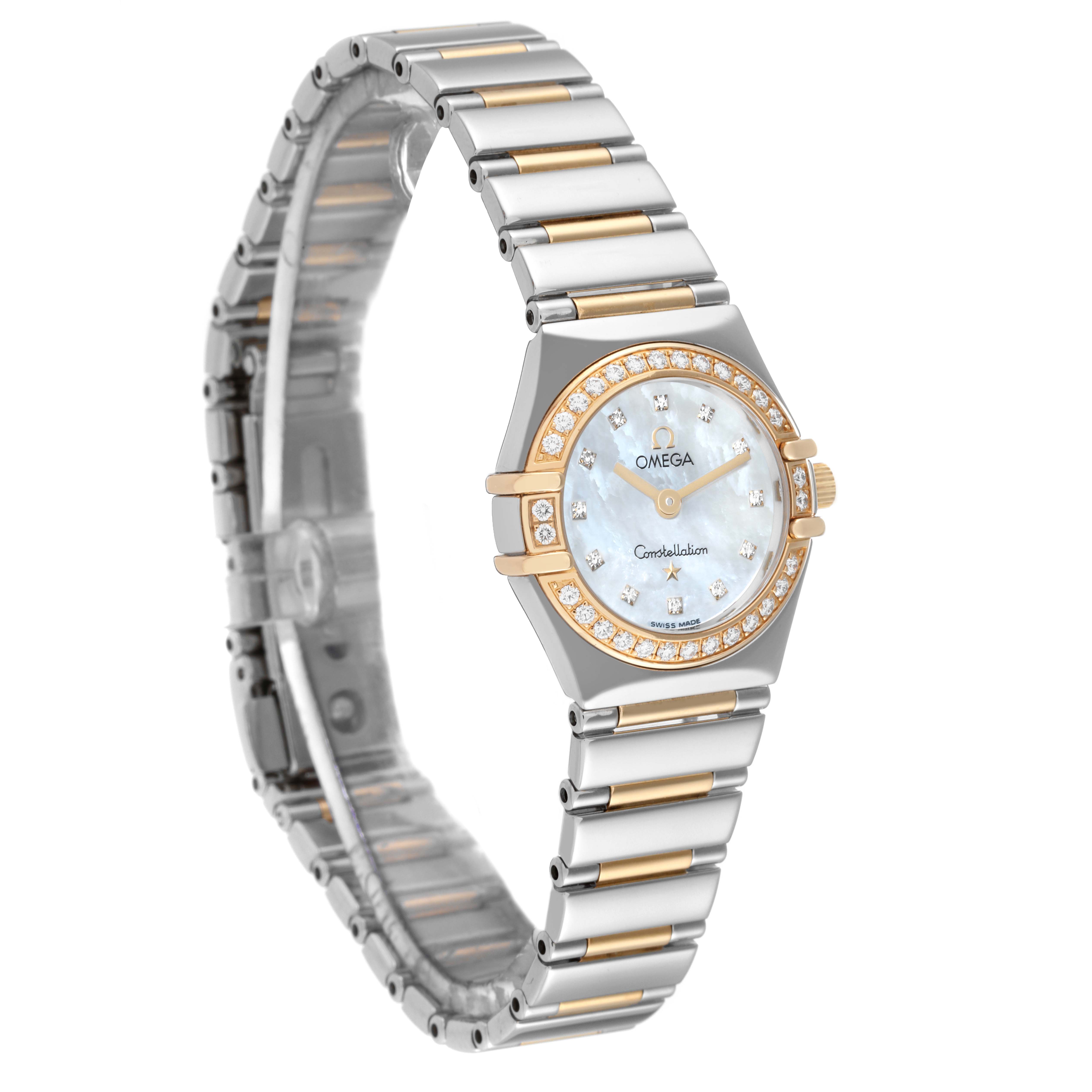 The Omega 1365.75.00 Women
s Steel and Gold (two tone) Mother of Pearl Dial 1365.75.00 Women
s Steel and Gold (two tone) Mother of Pearl Dial Constellation MOP Dial Diamond Ladies Watch 1365.75.00 is shown at a slight angle, highlighting the dial, bezel, and bracelet.