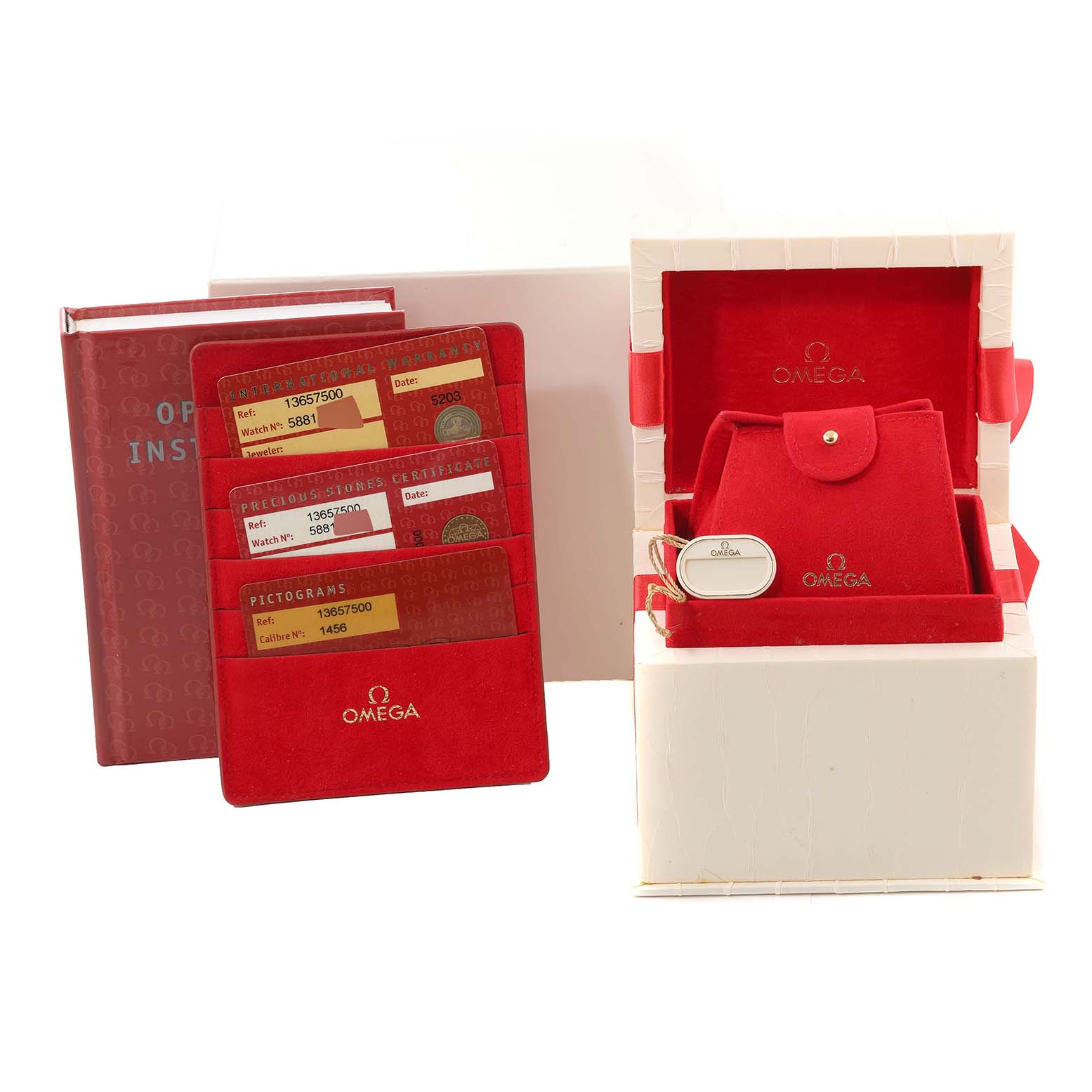 The image shows the packaging, cards, and accessories for the Omega 1365.75.00 Women
s Steel and Gold (two tone) Mother of Pearl Dial 1365.75.00 Women
s Steel and Gold (two tone) Mother of Pearl Dial Constellation MOP Dial Diamond Ladies Watch 1365.75.00.