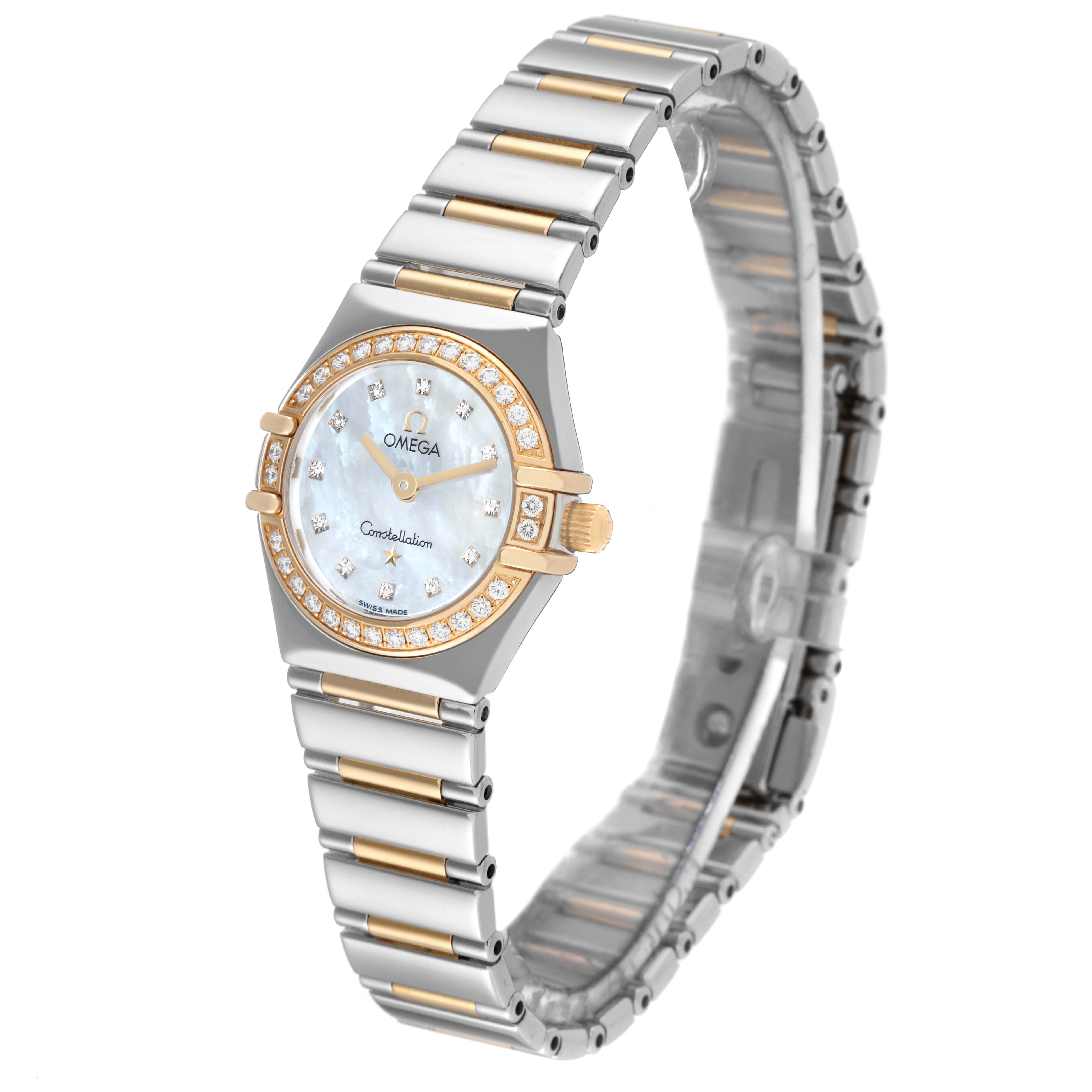 This image shows a side and front angle view of the Omega 1365.75.00 Women
s Steel and Gold (two tone) Mother of Pearl Dial 1365.75.00 Women
s Steel and Gold (two tone) Mother of Pearl Dial Constellation MOP Dial Diamond Ladies Watch 1365.75.00, highlighting the bracelet and dial.