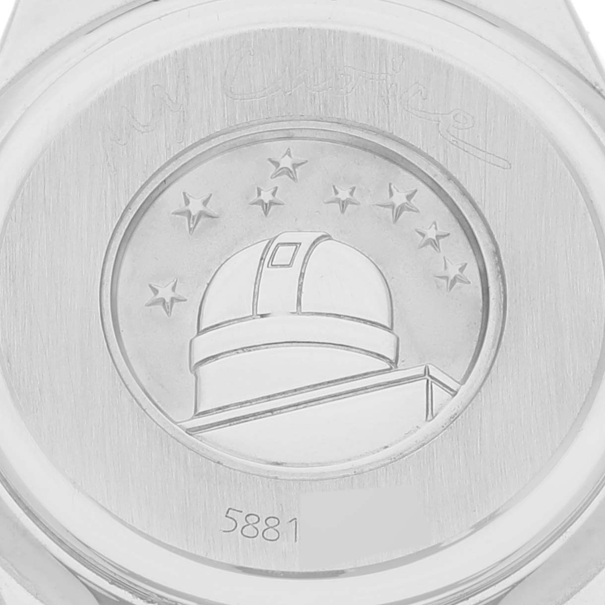 This image shows the engraved back case of an Omega 1365.75.00 Women
s Steel and Gold (two tone) Mother of Pearl Dial 1365.75.00 Women
s Steel and Gold (two tone) Mother of Pearl Dial Constellation MOP Dial Diamond Ladies Watch 1365.75.00.