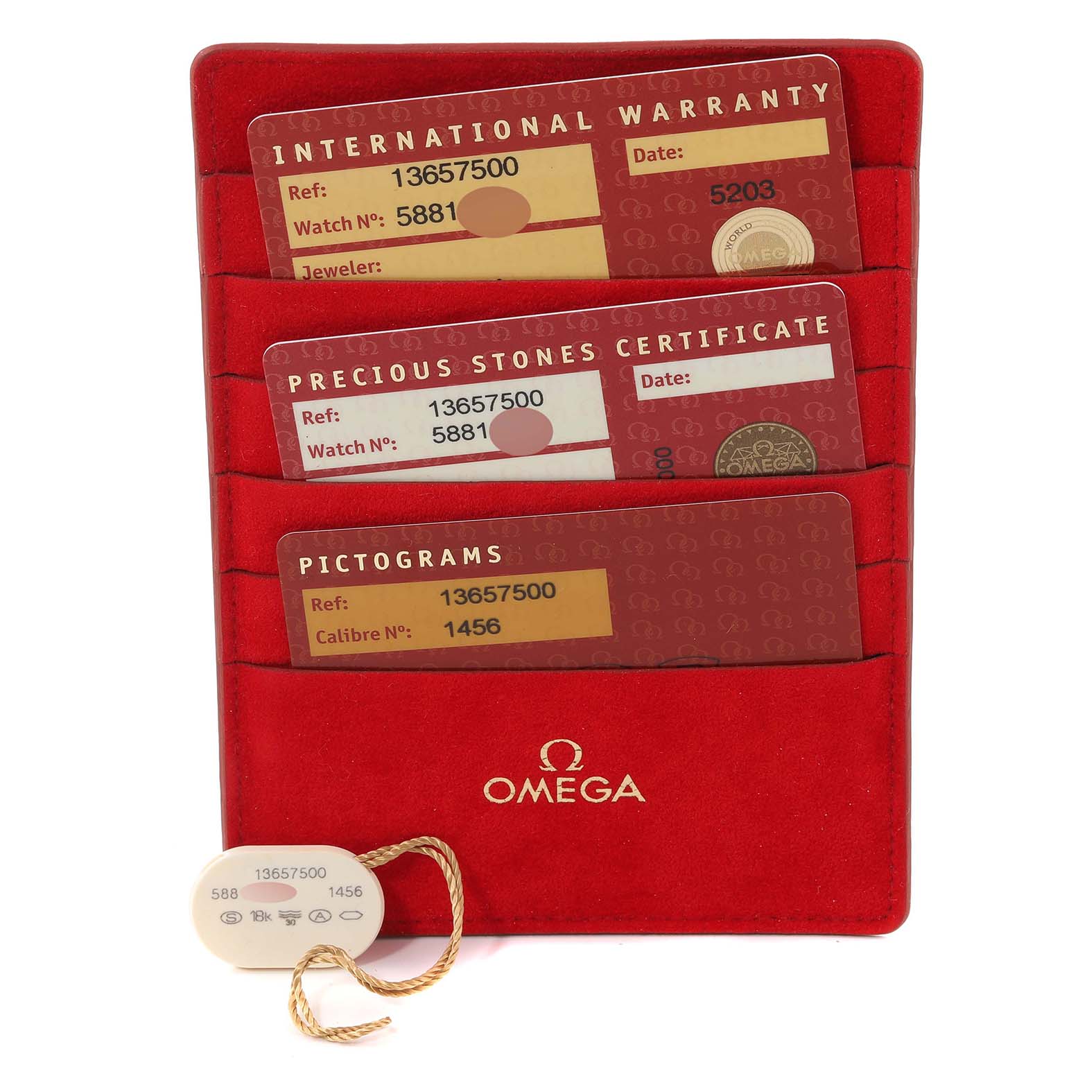 The image shows the warranty cards and certificates for the Omega 1365.75.00 Women
s Steel and Gold (two tone) Mother of Pearl Dial 1365.75.00 Women
s Steel and Gold (two tone) Mother of Pearl Dial Constellation MOP Dial Diamond Ladies Watch 1365.75.00.