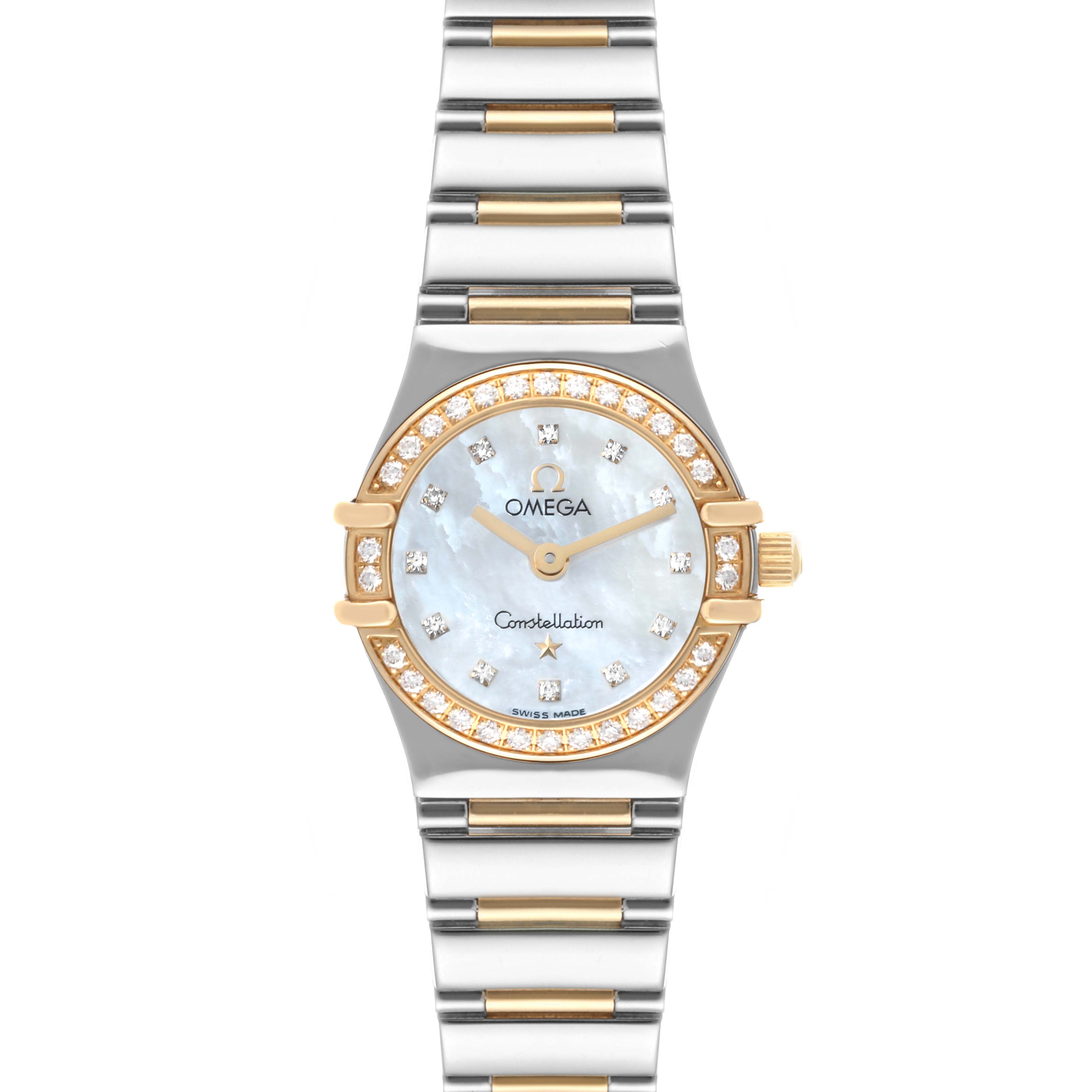The image shows a frontal view of the Omega 1365.75.00 Women
s Steel and Gold (two tone) Mother of Pearl Dial 1365.75.00 Women
s Steel and Gold (two tone) Mother of Pearl Dial Constellation MOP Dial Diamond Ladies Watch 1365.75.00, highlighting the dial and bracelet.
