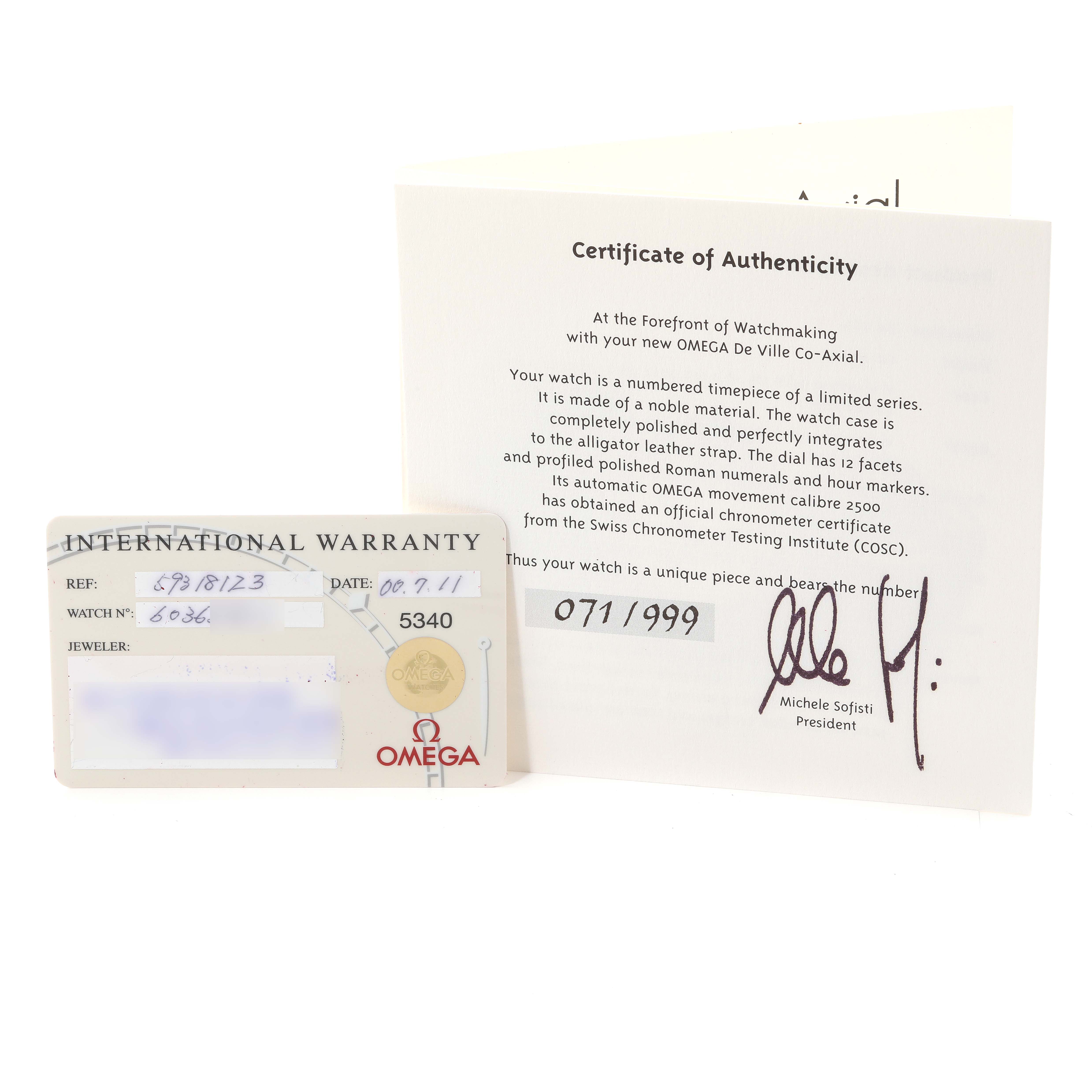 The image shows an Omega De Ville 5931.81.23 Men's Rose Gold Blue Dial 5931.81.23 Men's Rose Gold Blue Dial International Warranty card and Certificate of Authenticity.