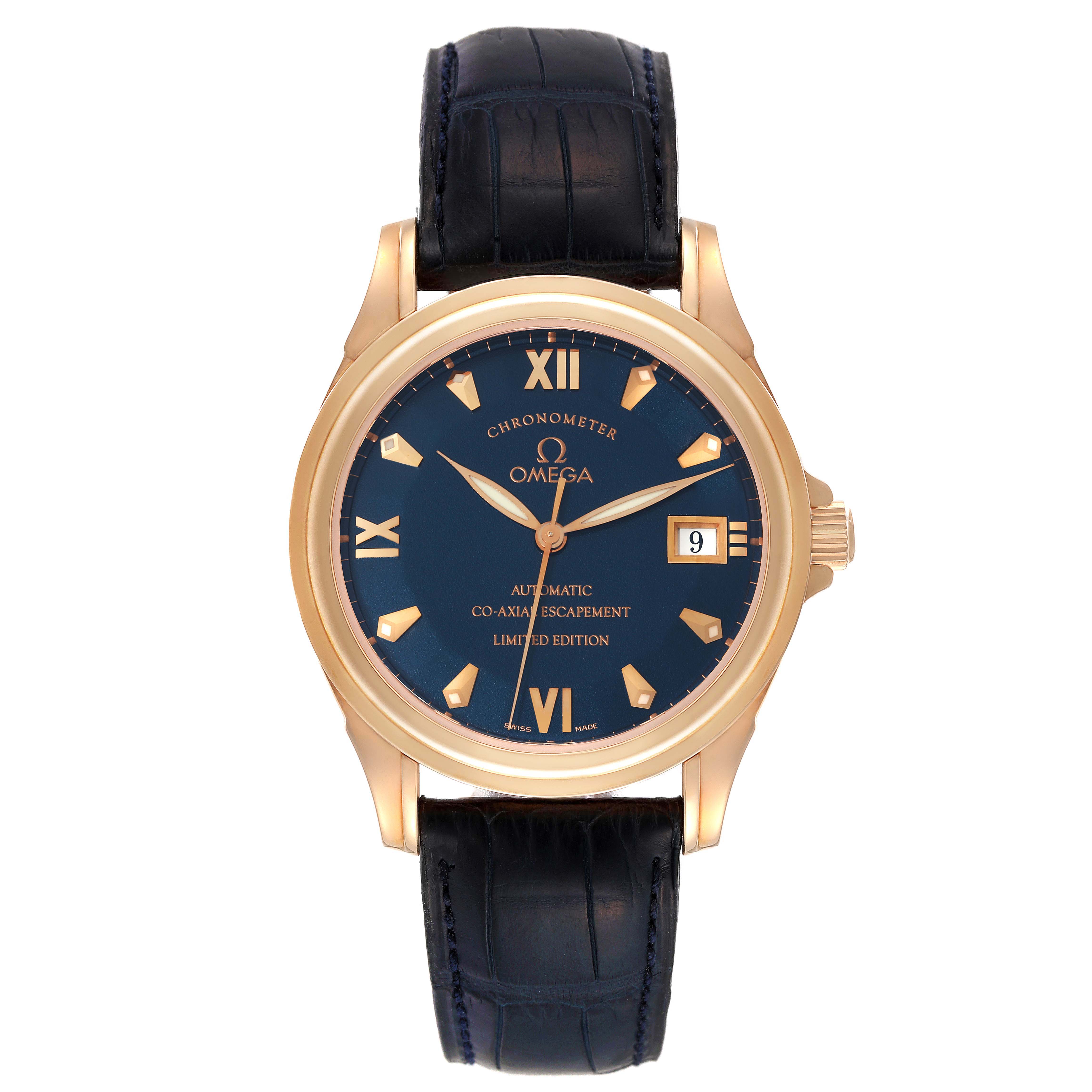 This De Ville by Omega is shown from the front displaying its dial, hands, crown, and leather strap.