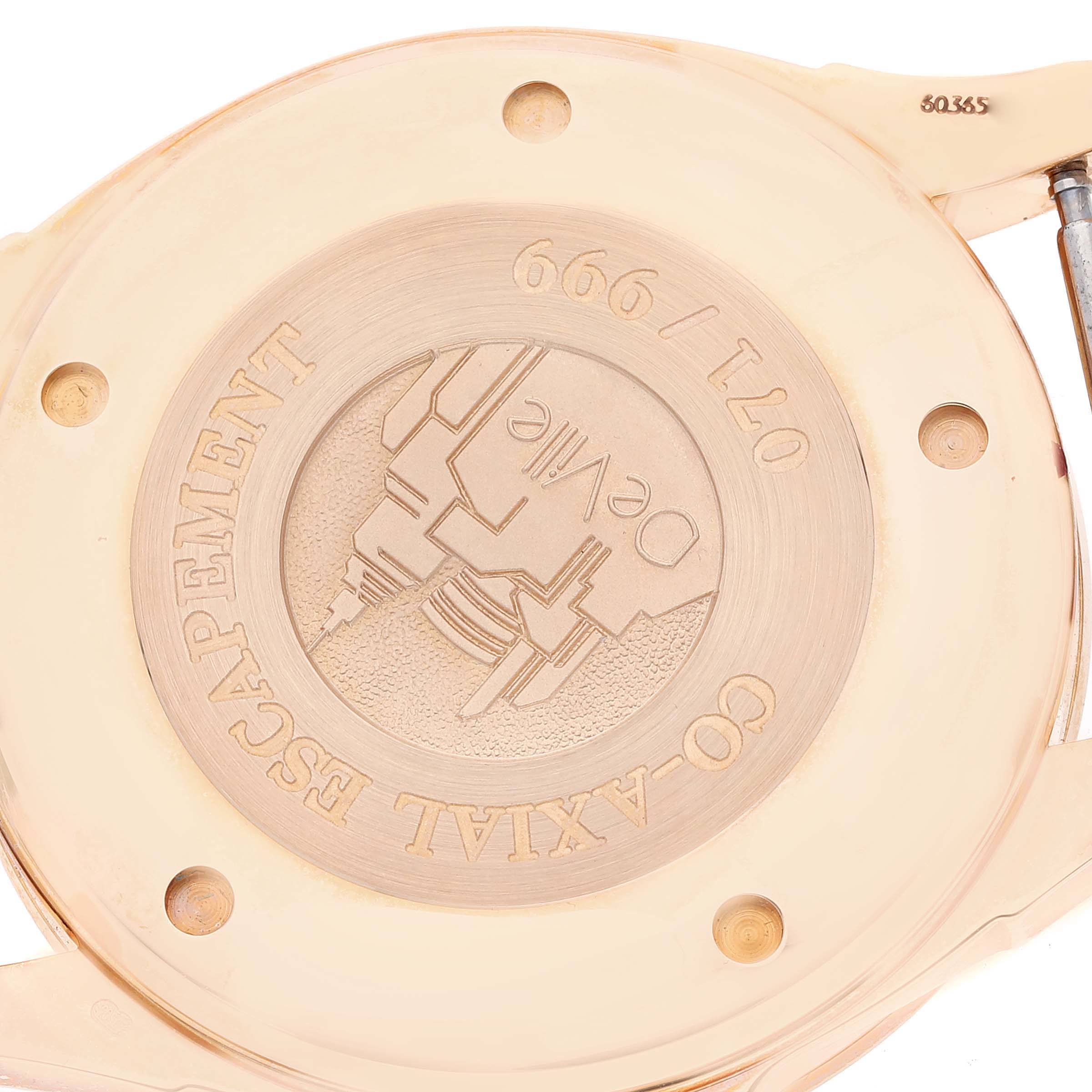 The image shows the back casing of an Omega De Ville 5931.81.23 Men's Rose Gold Blue Dial 5931.81.23 Men's Rose Gold Blue Dial model watch, showcasing the "Co-Axial Escapement" engraving and limited edition number.