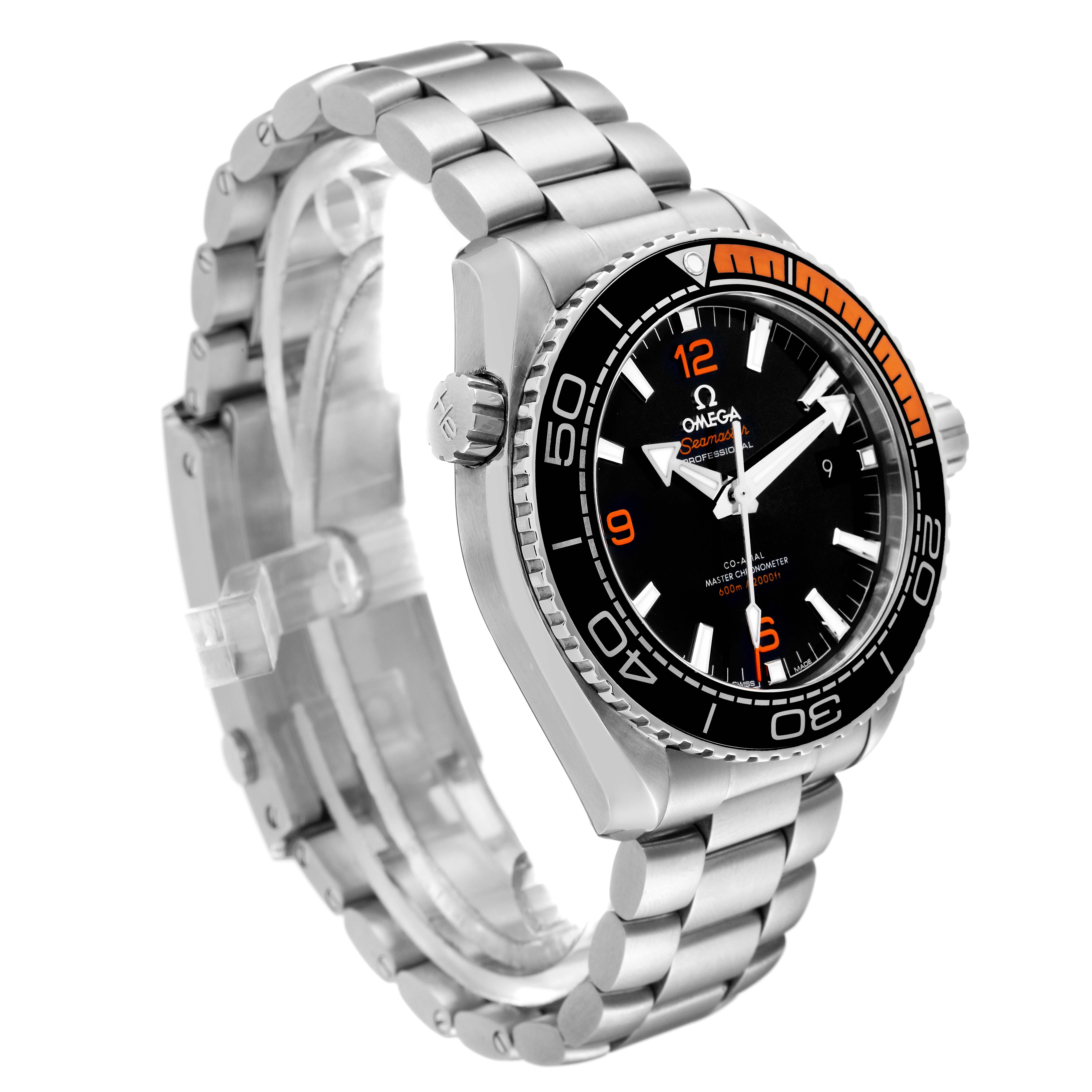 This Omega Planet Ocean 215.30.44.21.01.002 Men
s Stainless Steel Black Dial 215.30.44.21.01.002 Men
s Stainless Steel Black Dial watch is shown from a three-quarter angle, highlighting the face, bezel, crown, and bracelet.