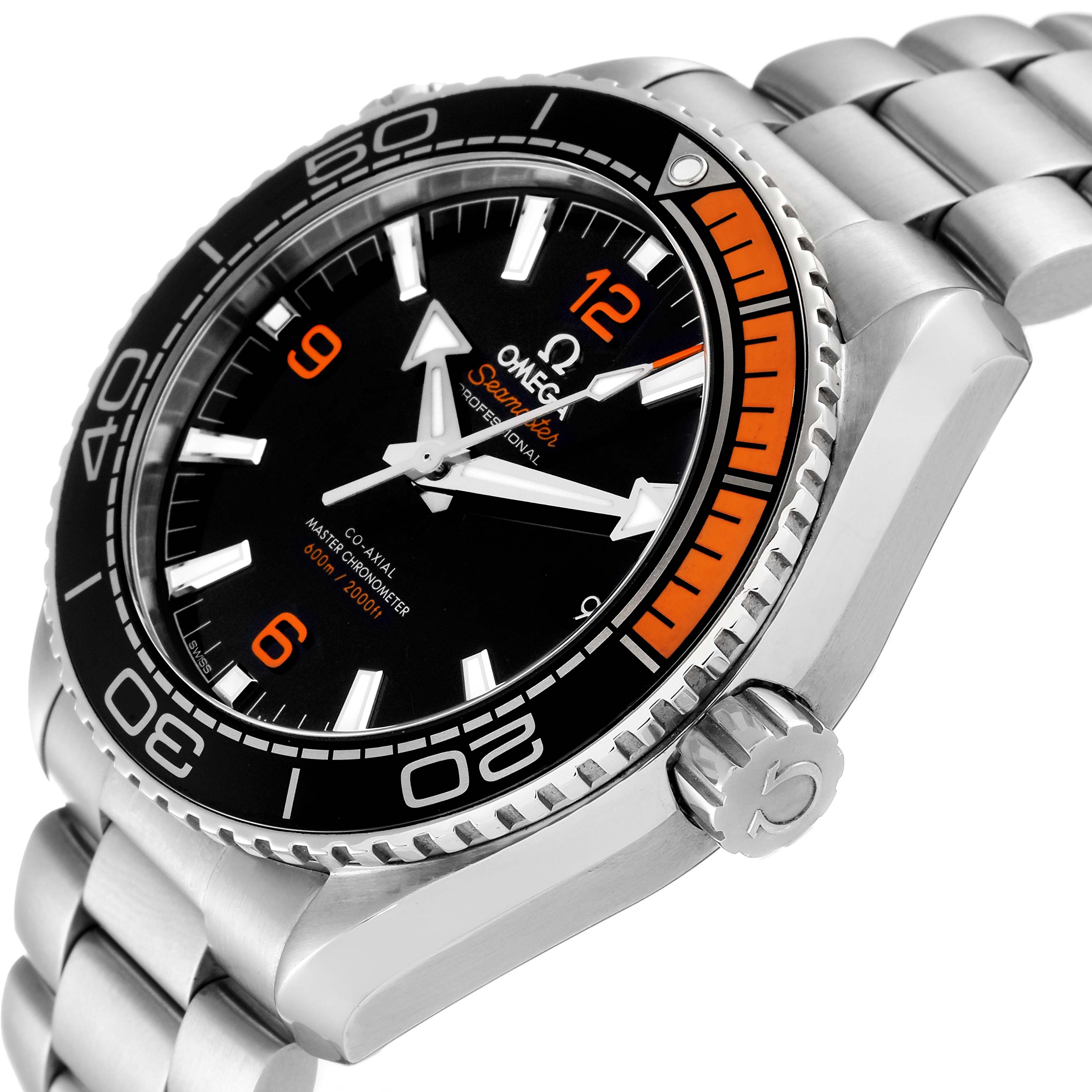 The image shows a three-quarter view of the Omega Planet Ocean 215.30.44.21.01.002 Men
s Stainless Steel Black Dial 215.30.44.21.01.002 Men
s Stainless Steel Black Dial watch, highlighting its face, bezel, and bracelet.