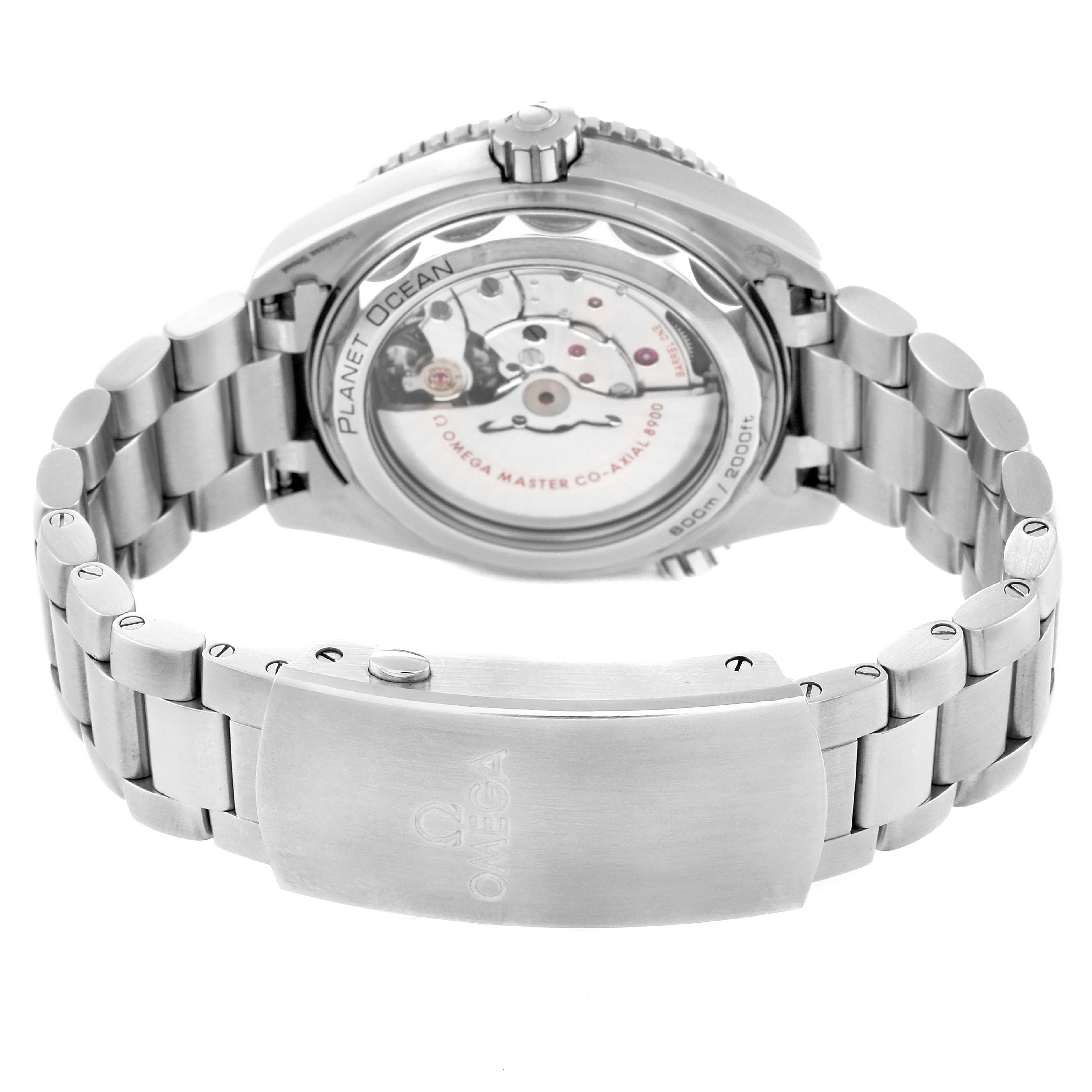 The Omega Planet Ocean 215.30.44.21.01.002 Men
s Stainless Steel Black Dial 215.30.44.21.01.002 Men
s Stainless Steel Black Dial watch is shown from the rear, displaying the case back and partial view of the bracelet with a clasp.