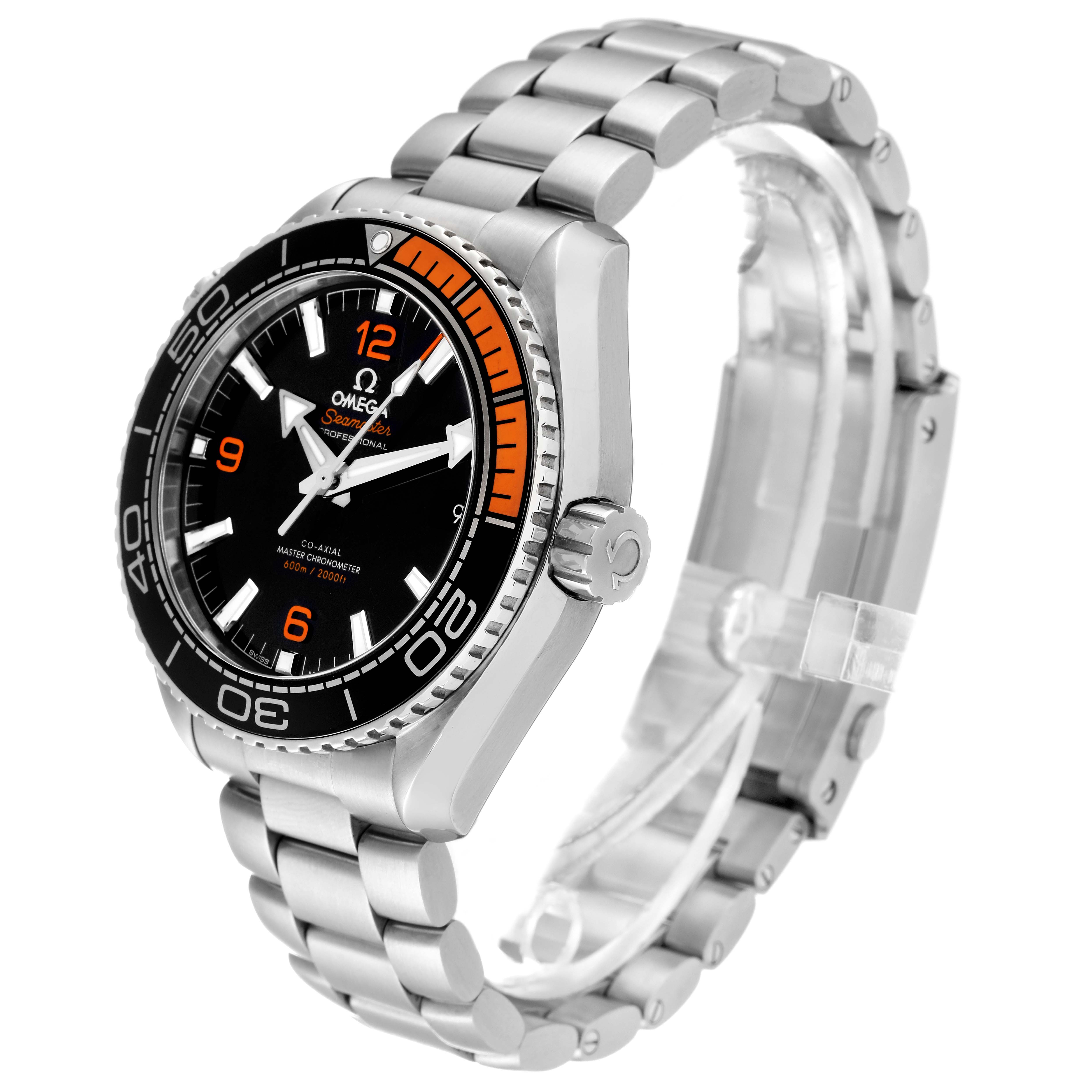 The image shows an Omega Planet Ocean 215.30.44.21.01.002 Men
s Stainless Steel Black Dial 215.30.44.21.01.002 Men
s Stainless Steel Black Dial watch from a 3/4 angle, highlighting the bezel, dial, crown, and bracelet.