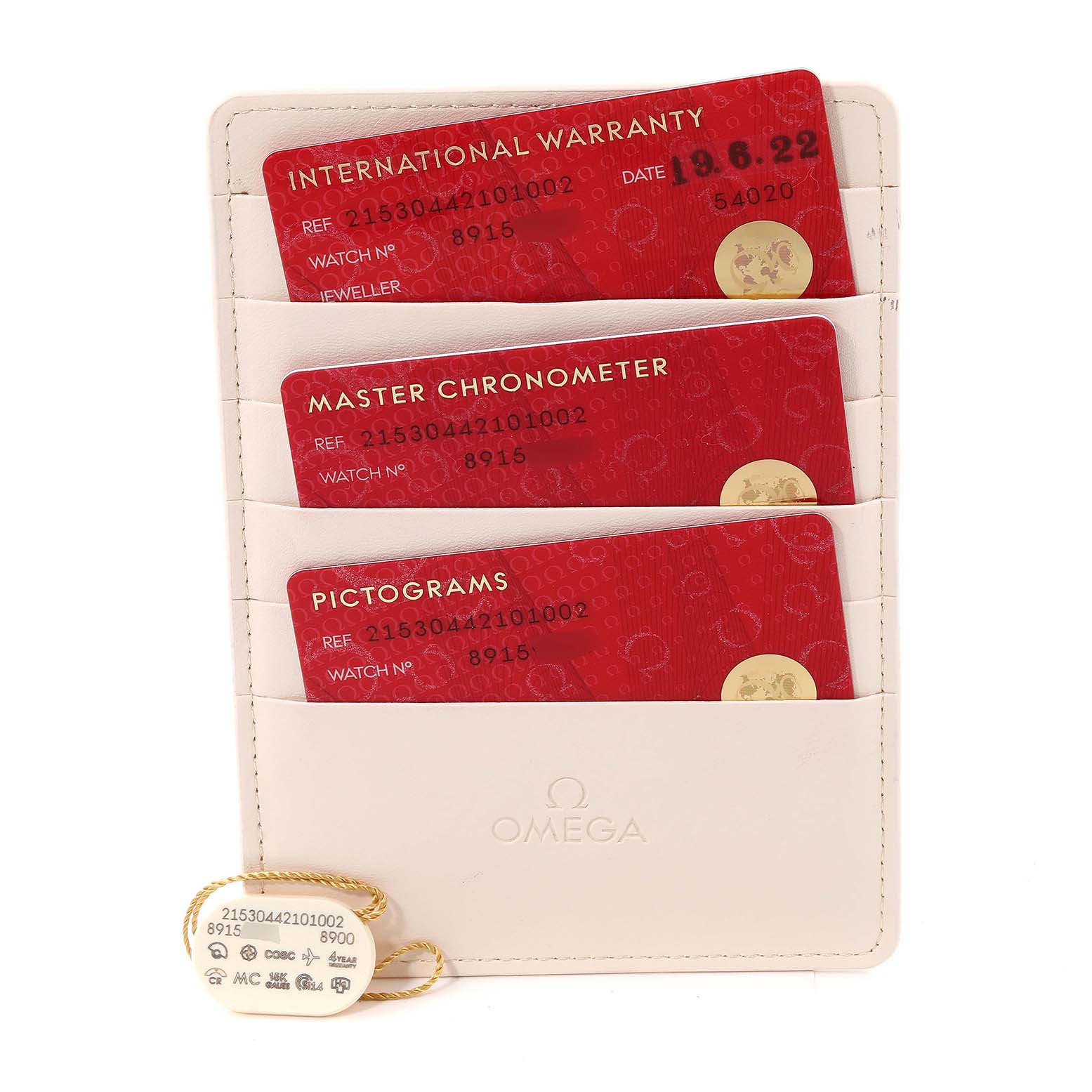 This image shows International Warranty, Master Chronometer, and Pictograms cards for the Omega Planet Ocean 215.30.44.21.01.002 Men
s Stainless Steel Black Dial 215.30.44.21.01.002 Men
s Stainless Steel Black Dial model, along with a product tag.