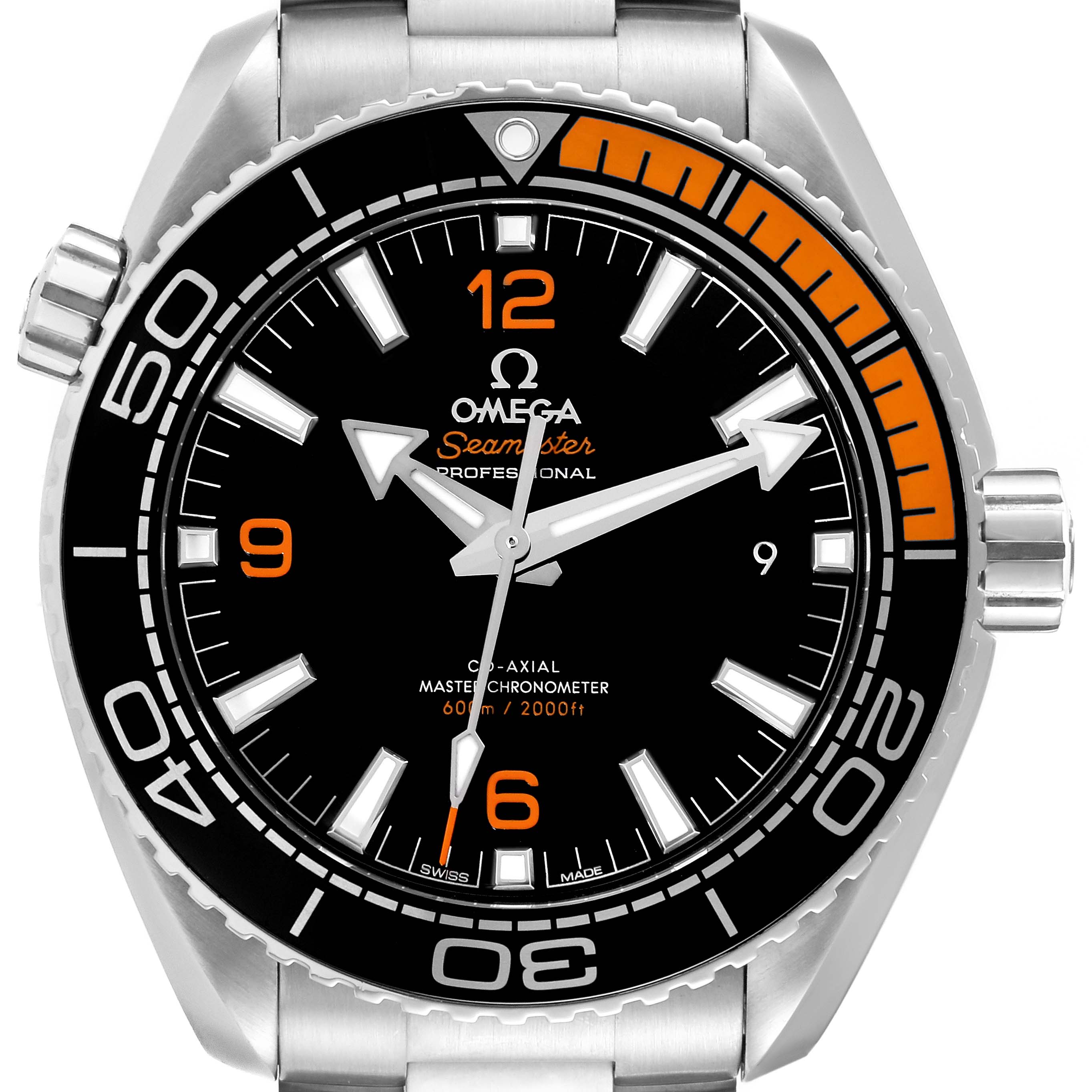 Front view of the Omega Planet Ocean 215.30.44.21.01.002 Men
s Stainless Steel Black Dial 215.30.44.21.01.002 Men
s Stainless Steel Black Dial watch showcasing the dial, hands, bezel, and crown.