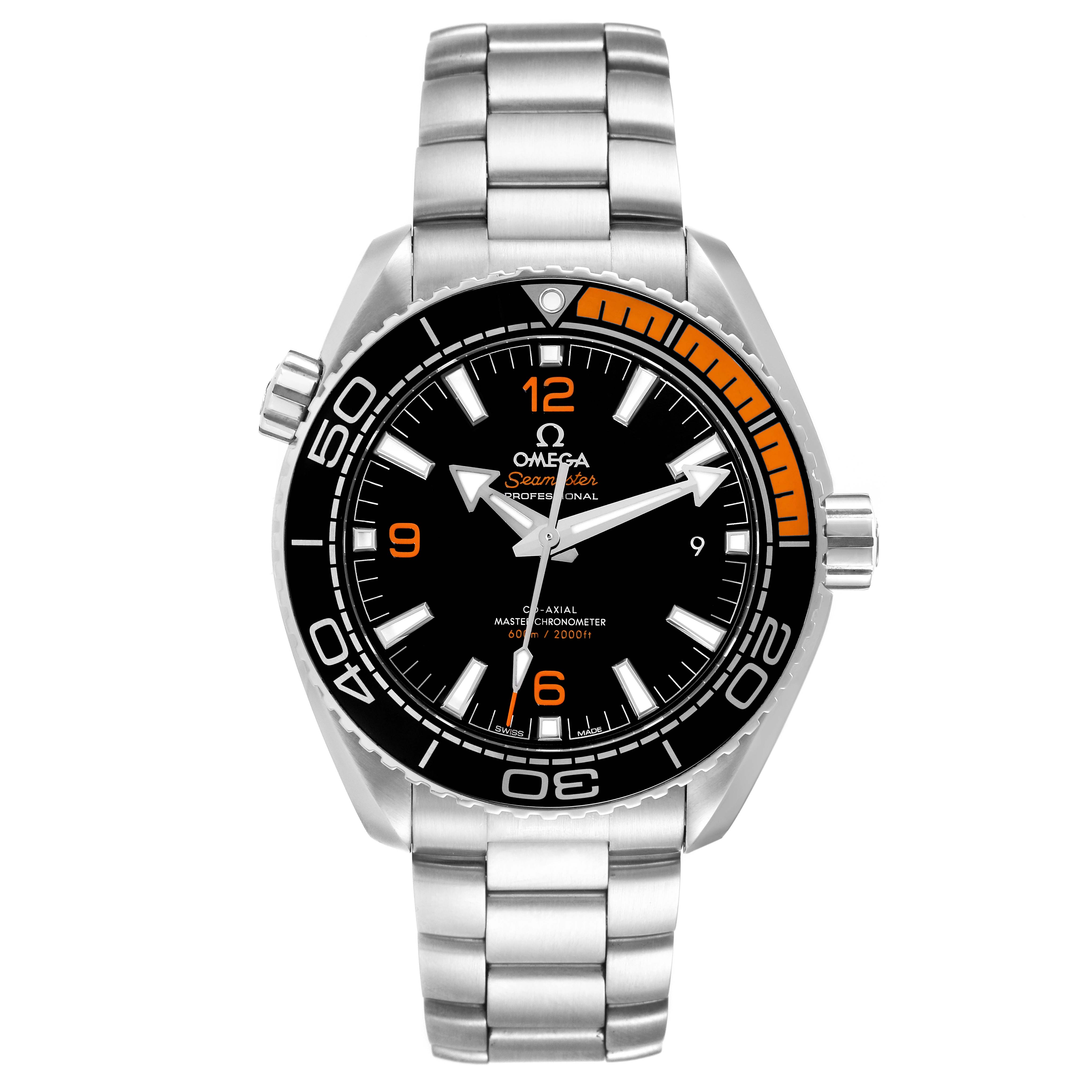 The image shows a front view of the Omega Planet Ocean 215.30.44.21.01.002 Men
s Stainless Steel Black Dial 215.30.44.21.01.002 Men
s Stainless Steel Black Dial watch, highlighting the dial, bezel, and stainless steel bracelet.