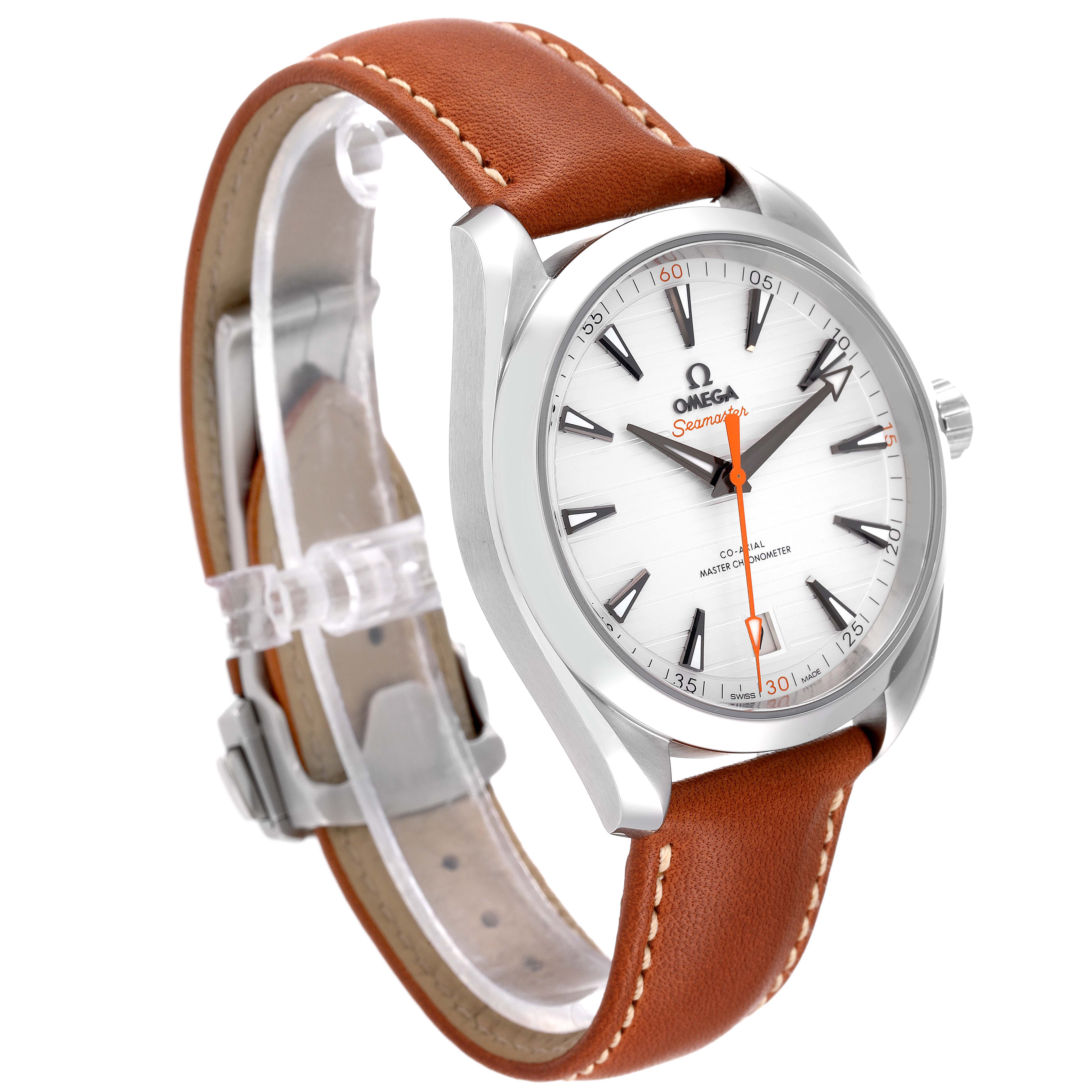 The Omega Aqua Terra 220.12.41.21.02.001 Men
s Stainless Steel Silver Dial 220.12.41.21.02.001 Men
s Stainless Steel Silver Dial watch is shown at a tilted side angle, highlighting its dial, case, and brown leather strap.