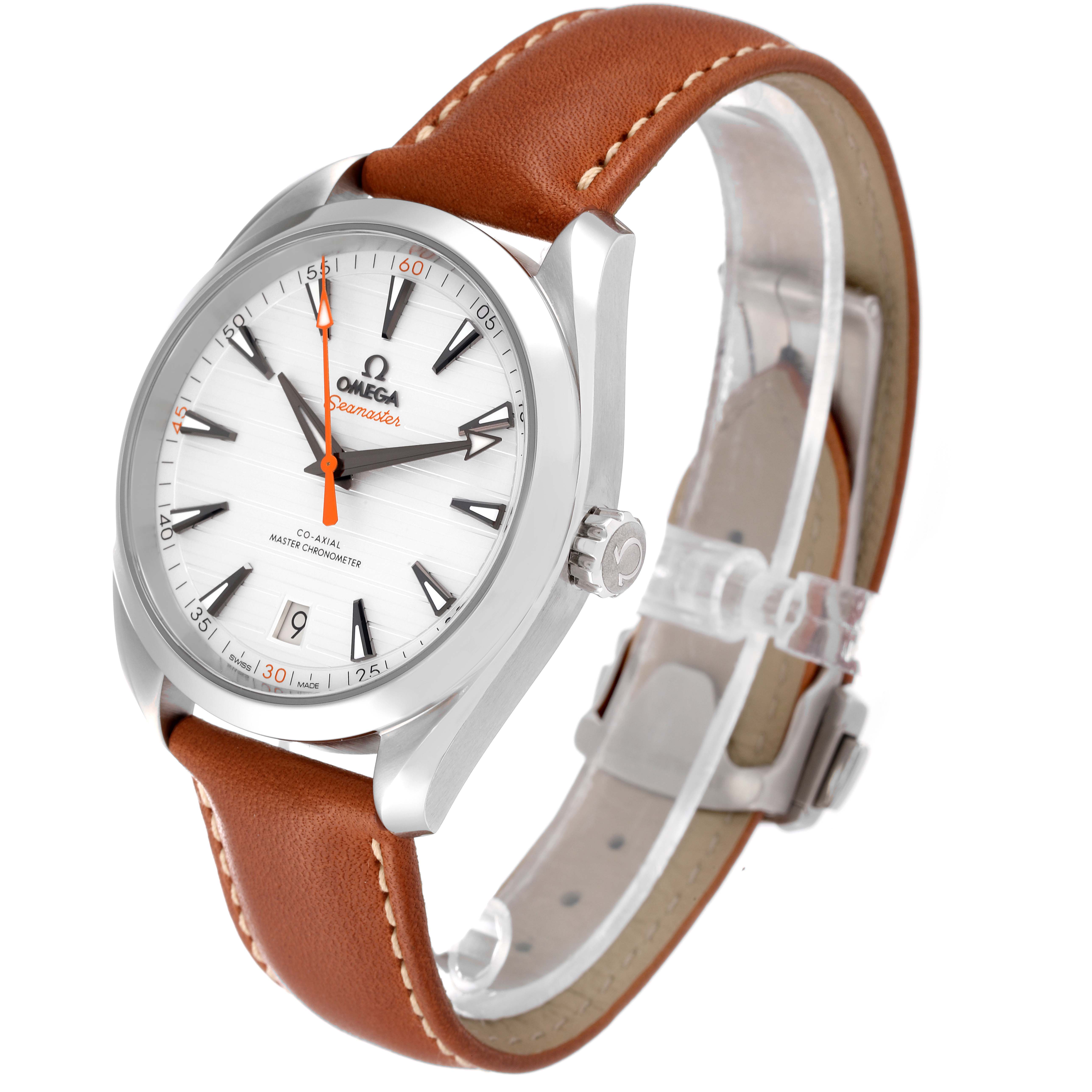 The image shows an Omega Aqua Terra 220.12.41.21.02.001 Men
s Stainless Steel Silver Dial 220.12.41.21.02.001 Men
s Stainless Steel Silver Dial watch at a three-quarter angle, highlighting the dial, case, crown, and leather strap.