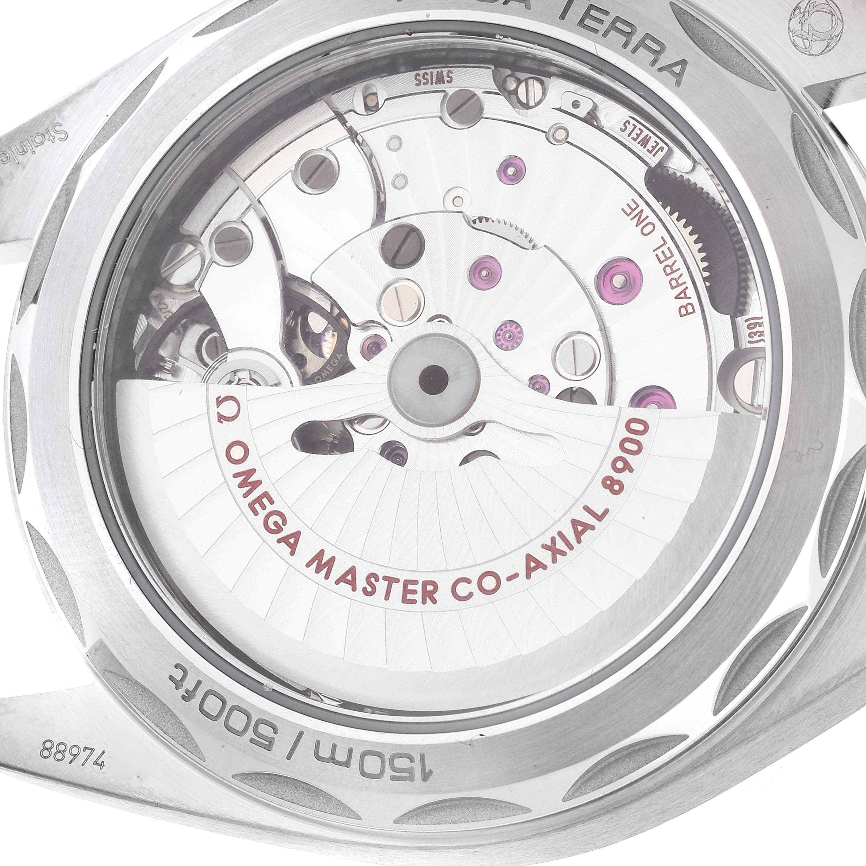 The image shows the backside view of the Omega Aqua Terra 220.12.41.21.02.001 Men
s Stainless Steel Silver Dial 220.12.41.21.02.001 Men
s Stainless Steel Silver Dial watch, focusing on its movement and the "OMEGA MASTER CO-AXIAL 8900" inscription.