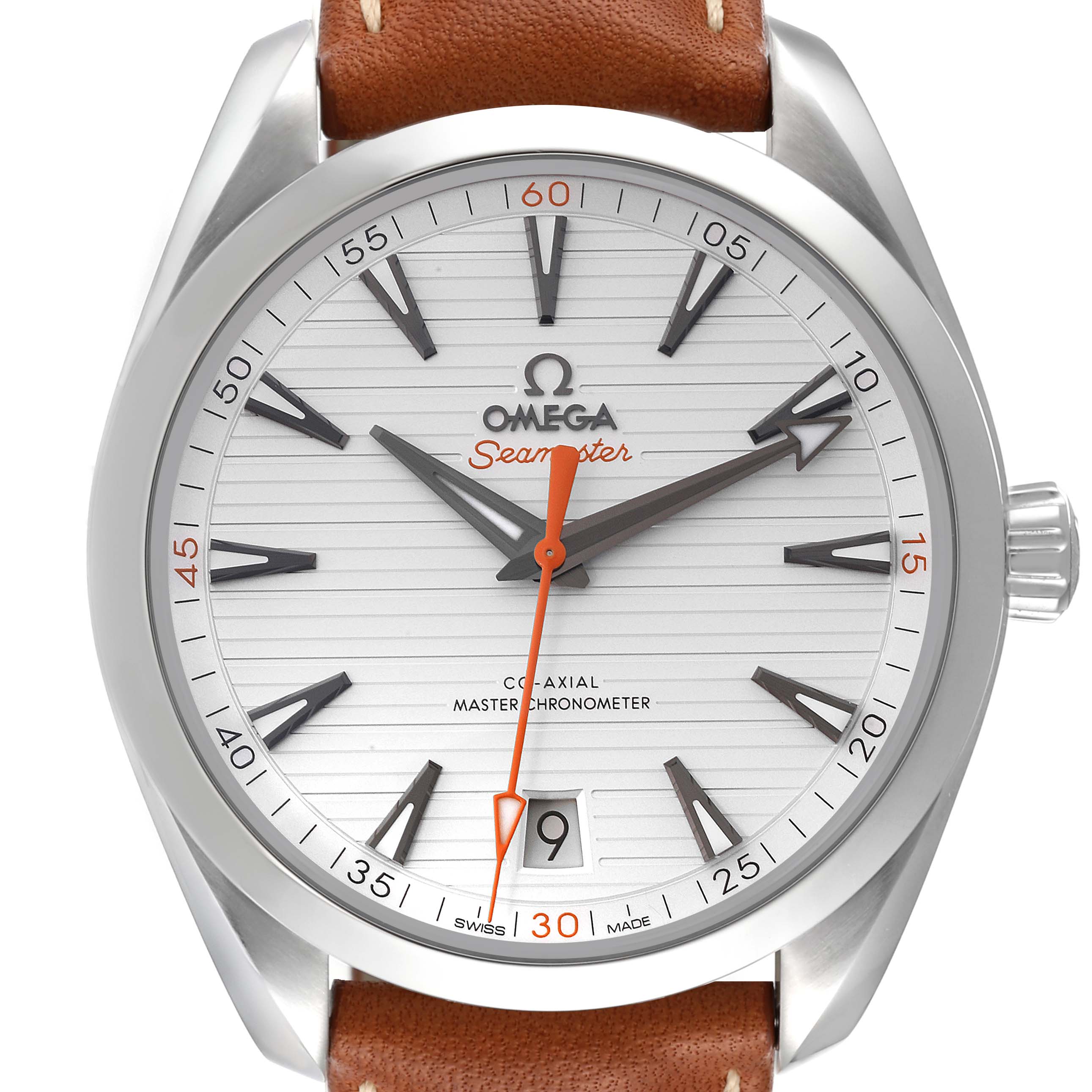 This image shows a close-up, front-facing view of the Omega Aqua Terra 220.12.41.21.02.001 Men
s Stainless Steel Silver Dial 220.12.41.21.02.001 Men
s Stainless Steel Silver Dial watch, featuring the dial, hands, markers, bezel, and part of the strap.