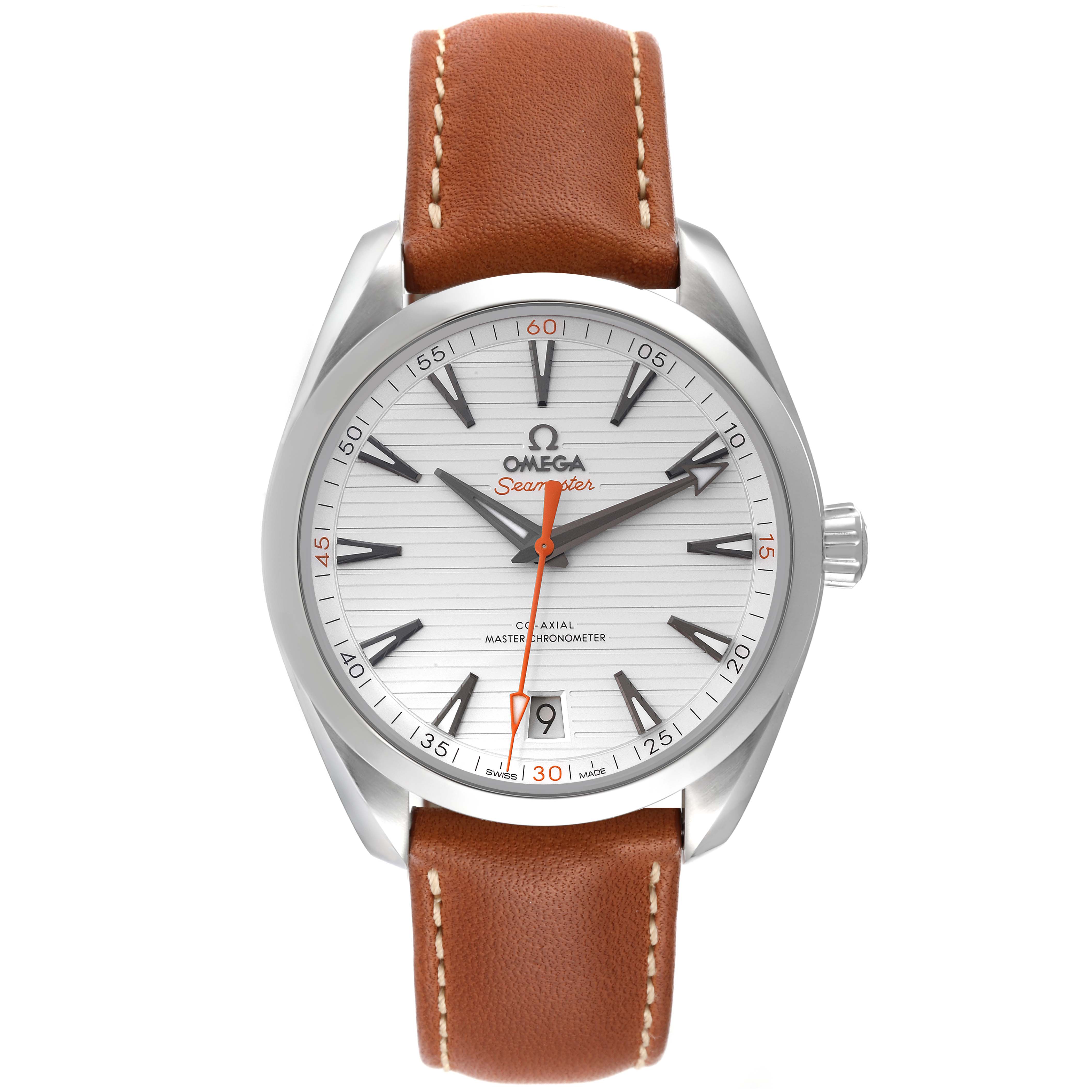 The image shows a front view of the Omega Aqua Terra 220.12.41.21.02.001 Men
s Stainless Steel Silver Dial 220.12.41.21.02.001 Men
s Stainless Steel Silver Dial watch with a brown leather strap and a silver-white dial.