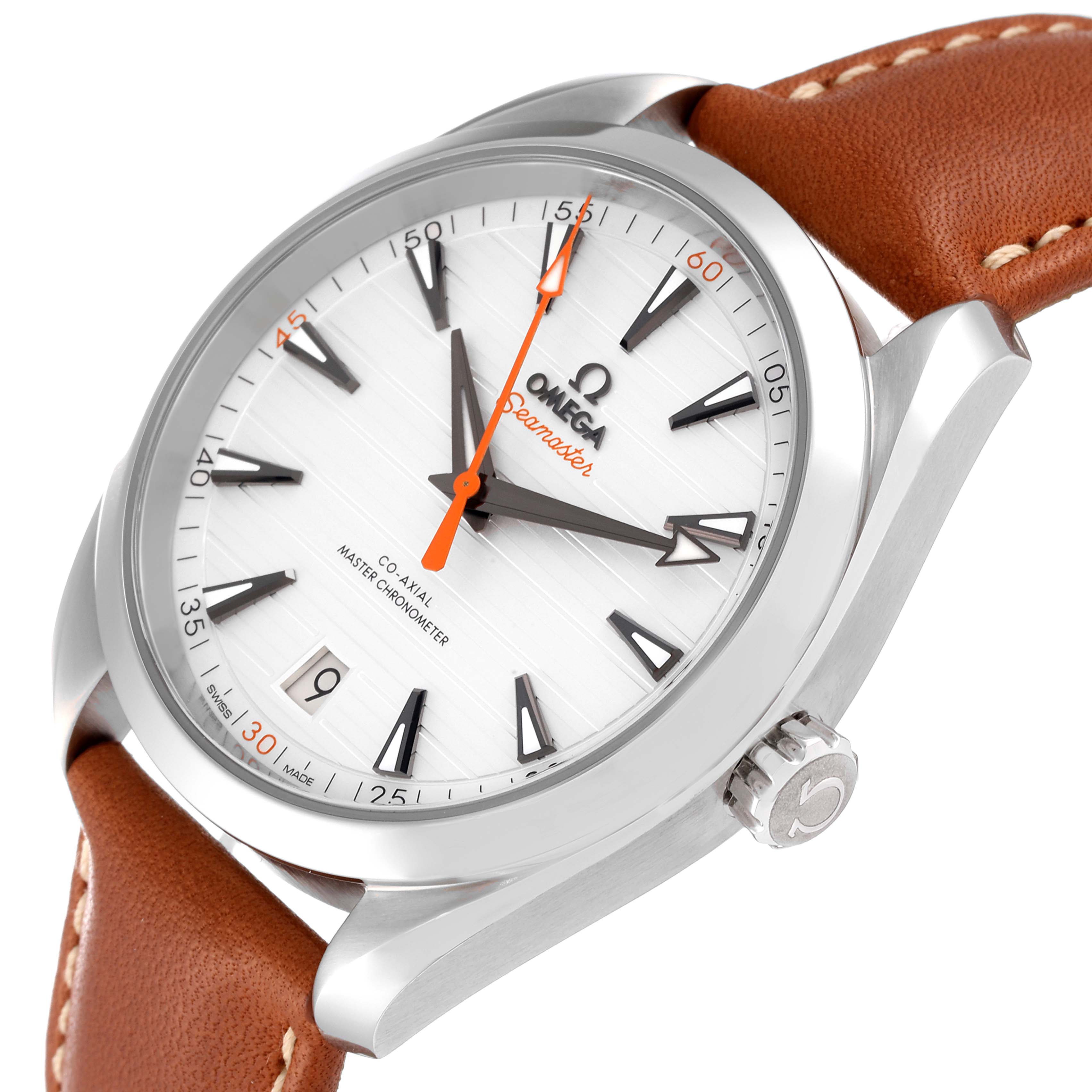 The close-up angle shows the face, crown, and strap of the Omega Aqua Terra 220.12.41.21.02.001 Men
s Stainless Steel Silver Dial 220.12.41.21.02.001 Men
s Stainless Steel Silver Dial watch.