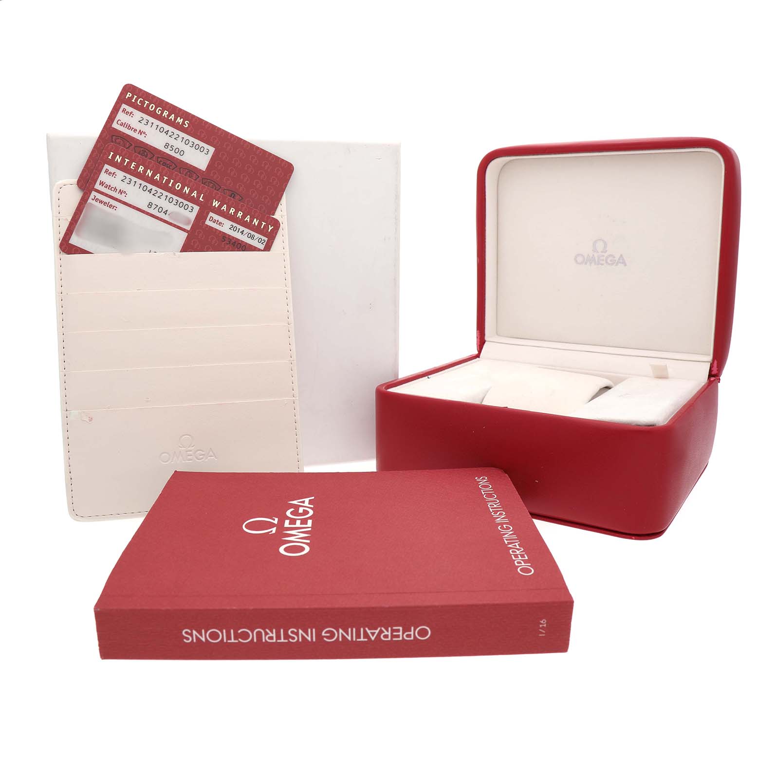 The image shows the Omega Aqua Terra 231.10.42.21.03.003 Men's Stainless Steel Blue Dial's red watch box, instruction manual, warranty cards, and cardholder.