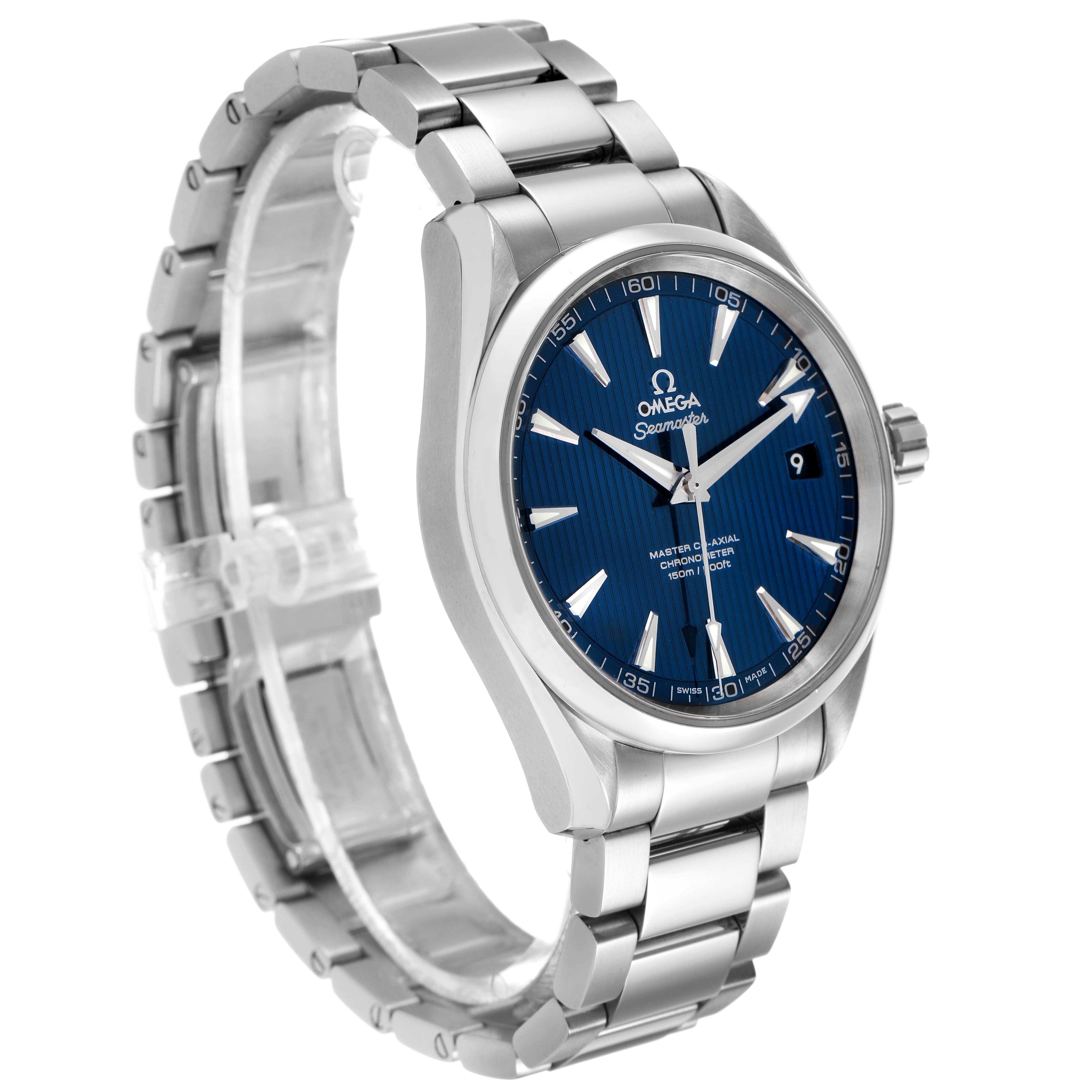 The Omega Aqua Terra 231.10.42.21.03.003 Men's Stainless Steel Blue Dial watch is shown at an angle highlighting the bracelet, dial, and bezel.