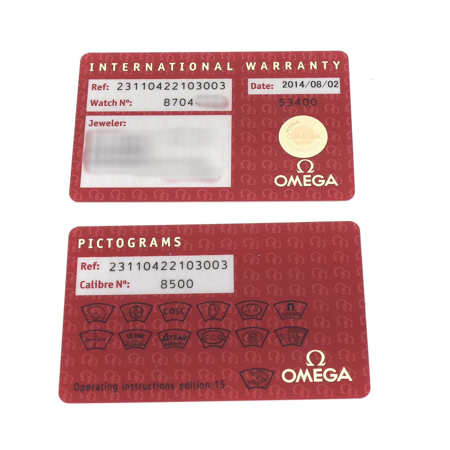 The image shows the International Warranty and Pictograms cards for the Omega Aqua Terra 231.10.42.21.03.003 Men's Stainless Steel Blue Dial model.