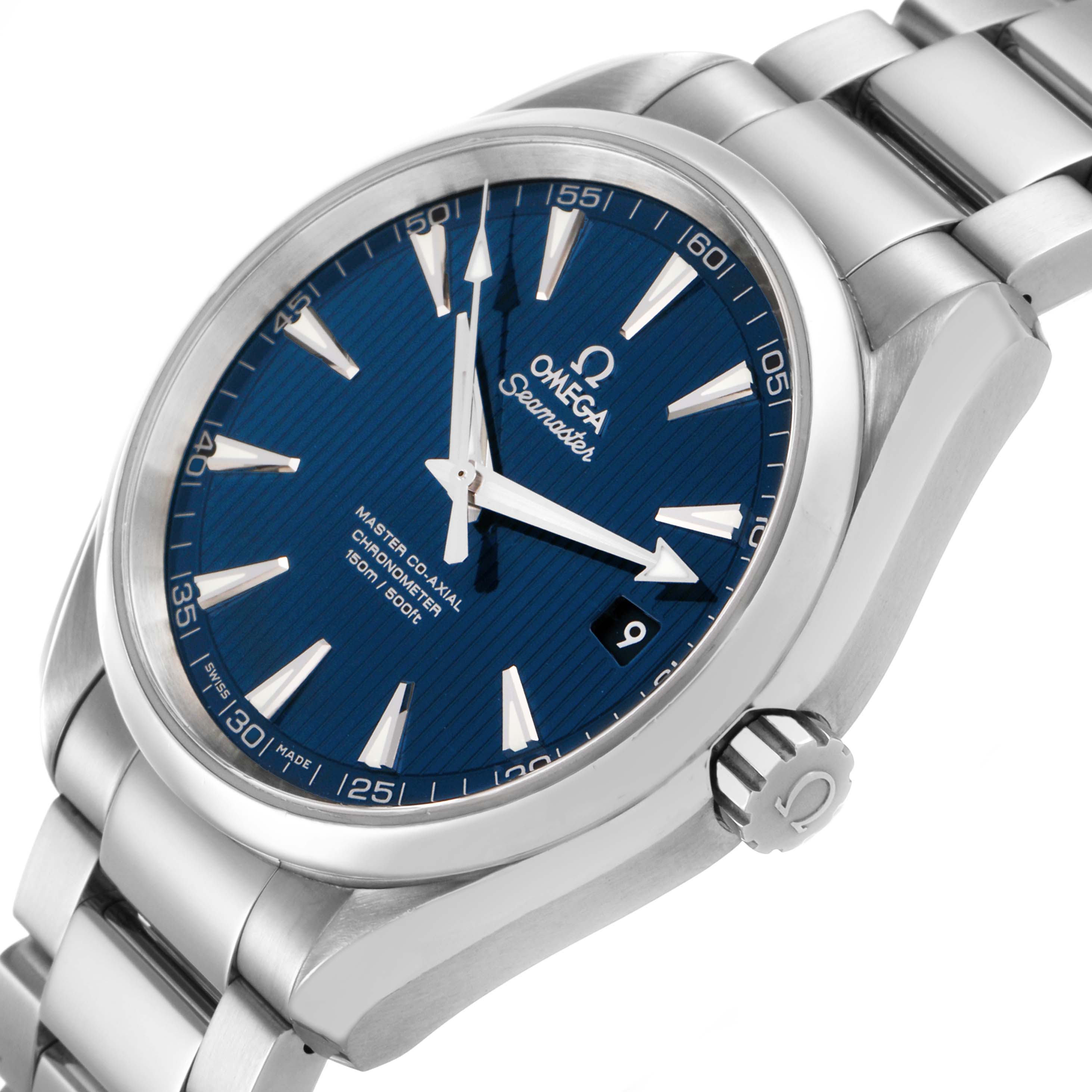 The Omega Aqua Terra 231.10.42.21.03.003 Men's Stainless Steel Blue Dial watch is shown at a three-quarter angle, highlighting the face, bezel, crown, and bracelet.